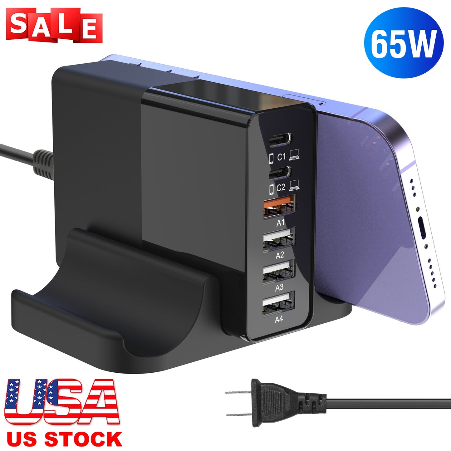 USB Fast Charger 65W 6-Port Fast Charging Station Type-C Wall Charger PD Adapter with 2 Type-C Ports 4 USB-A Ports Fit for IOS Phone 13/ iPad/ Galaxy/