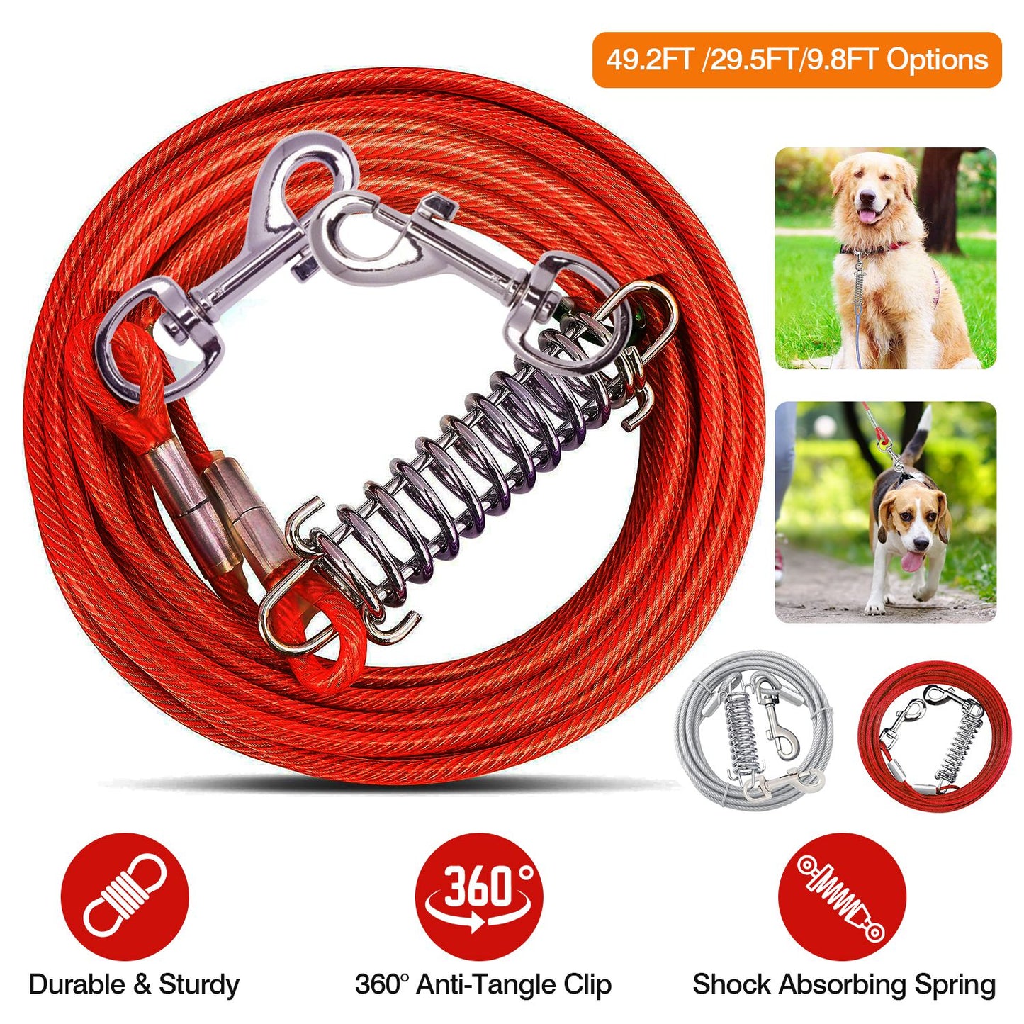 29.5FT Dog Tie Out Cable Long Dog Leash Chew Proof Lead Dog Chain with Durable Spring 360¡ Rotatable Clips PVC Case for Outside Yard Caming