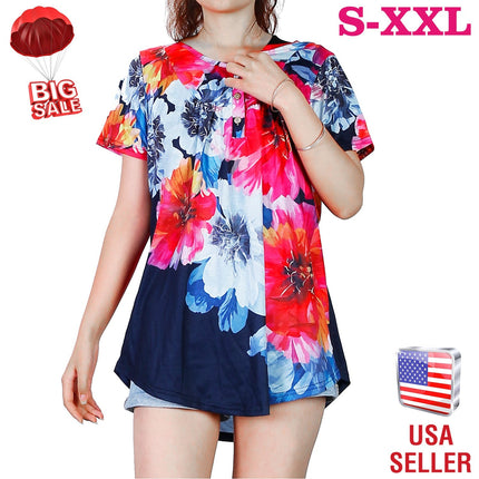 Women Summer Shirts Tops Loose Short Sleeve T Shirts Casual Floral Printed Button Shirts Blouse S-XXL