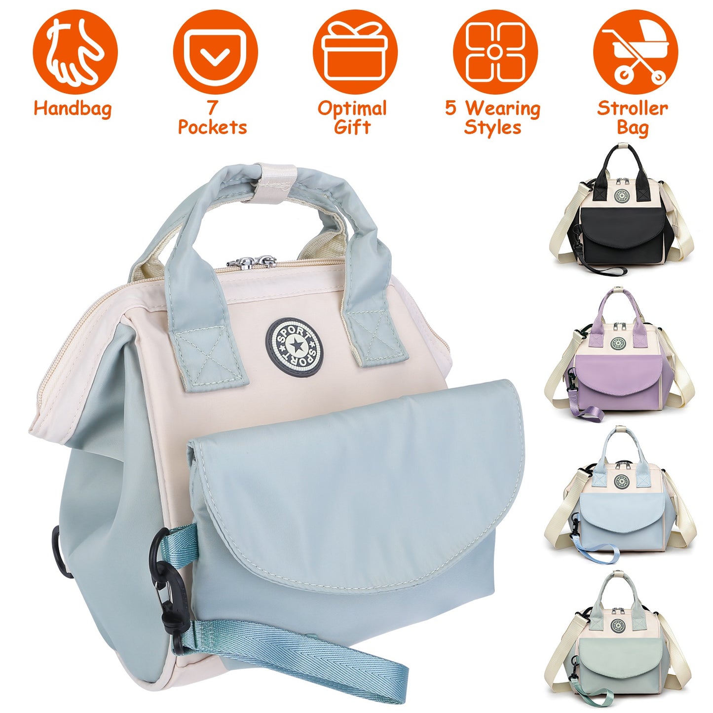 Baby Nappy Diaper Bag with 6 Pockets Burp Cloth Adjustable Shoulder Strap Detachable Small Bag Multifunctional Diaper Changing Bag with 2 Insulated Po