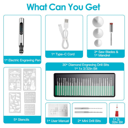 Electric Engraving Pen with 33Pcs Burr Bits 5Pcs Stencils 3 Gears Speed Rechargeable Cordless Professional Engraver Etching Machine For Jewelry Glass