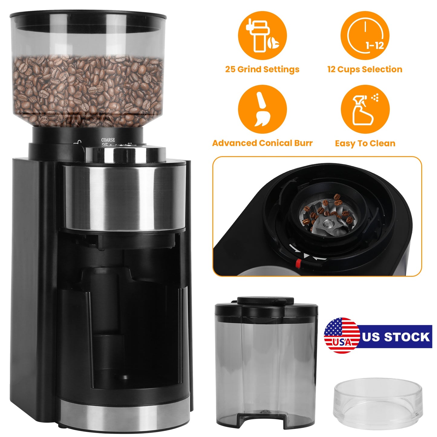 Conical Burr Coffee Grinder Electric Coffee Bean Grinder with 25 Grind Settings 12 Cups Selection for Drip/Percolator/French Press/Espresso/Cold Brew/