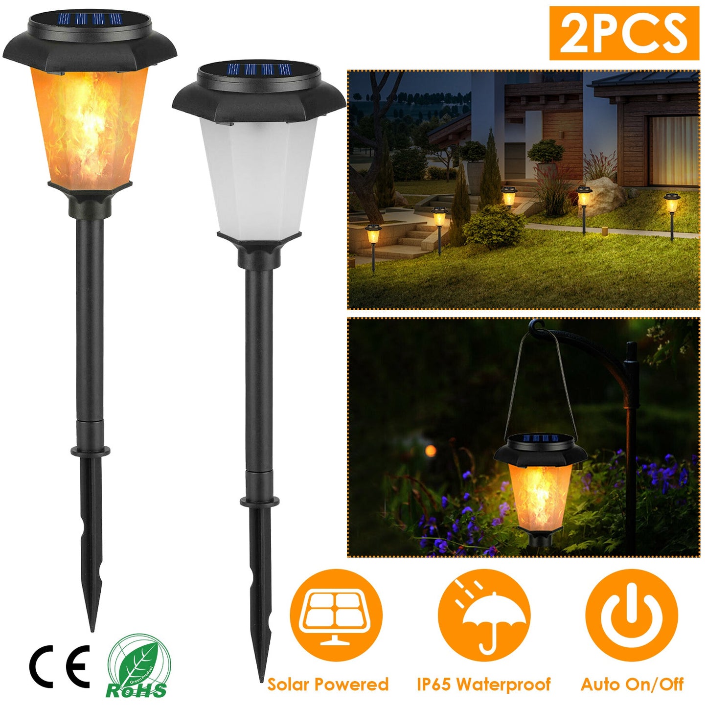 2Pcs Solar Flame Torch Light IP65 Waterproof Flickering Flame Stake Lamp Decorative Landscape Lamp For Garden Path Yard