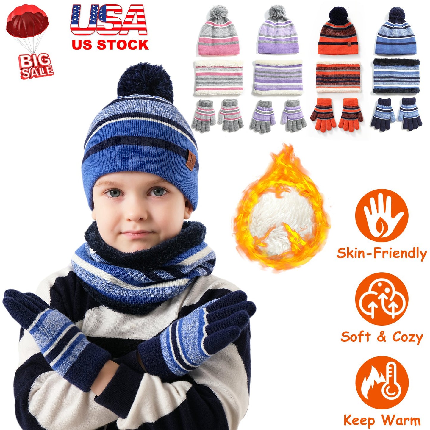 Winter Kids Knitted Hat Scarf Gloves 3Pcs Boys Girls Winter Warm Beanie Hat and Glove Scarf Set Beanie Neck Warmer Mittens for 4-7-Year-Old Kids