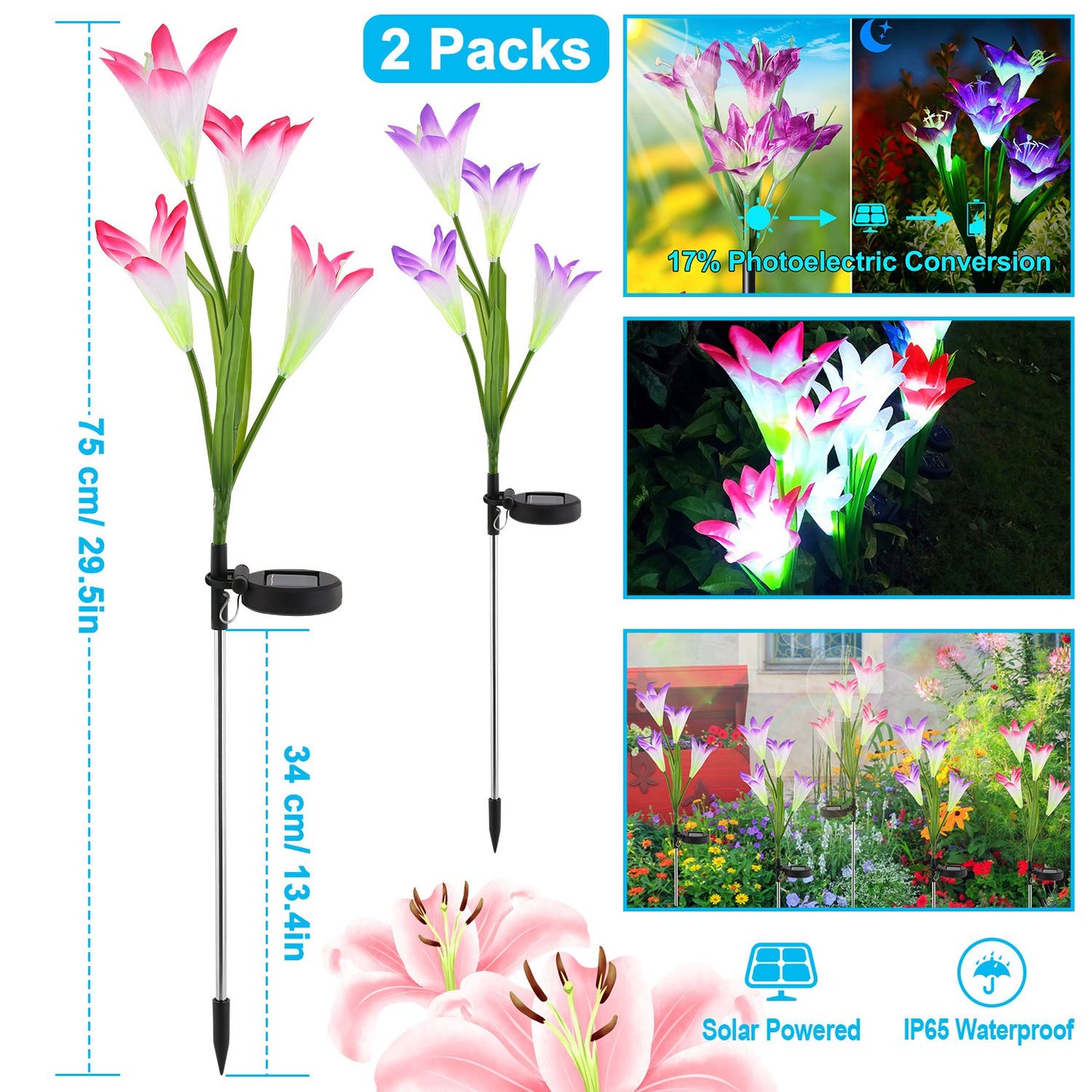 2Pcs Solar Garden Lights Outdoor Lily Flower LED Light 7-Color Changing IP65 Waterproof Pathway Stake Lights Patio Decorative for Garden Patio Yard Wa