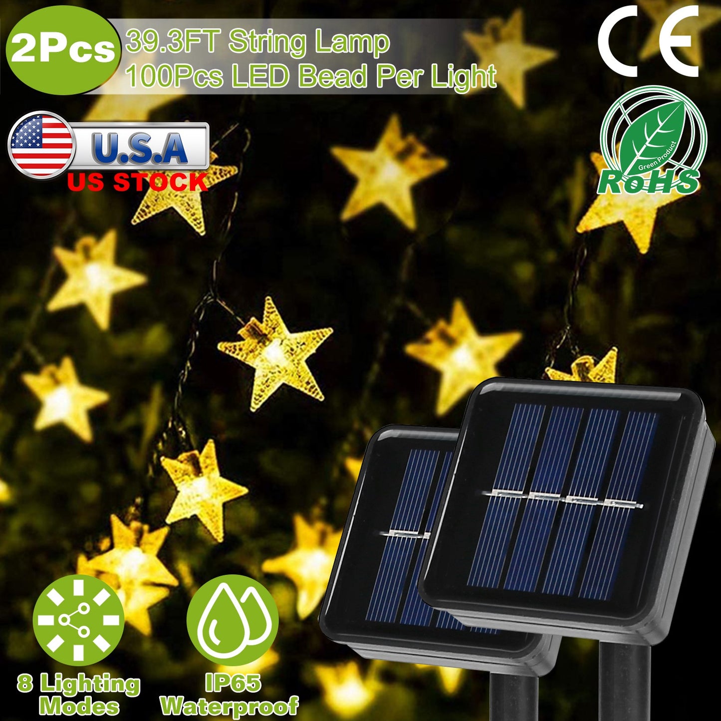 2Pcs Solar Powered String Lights 39.3FT 100LED Beads Fairy Star Lights IP65 Waterproof Decorative Garden Party Christmas Tree Stake Lamps w/ 8 Lightin