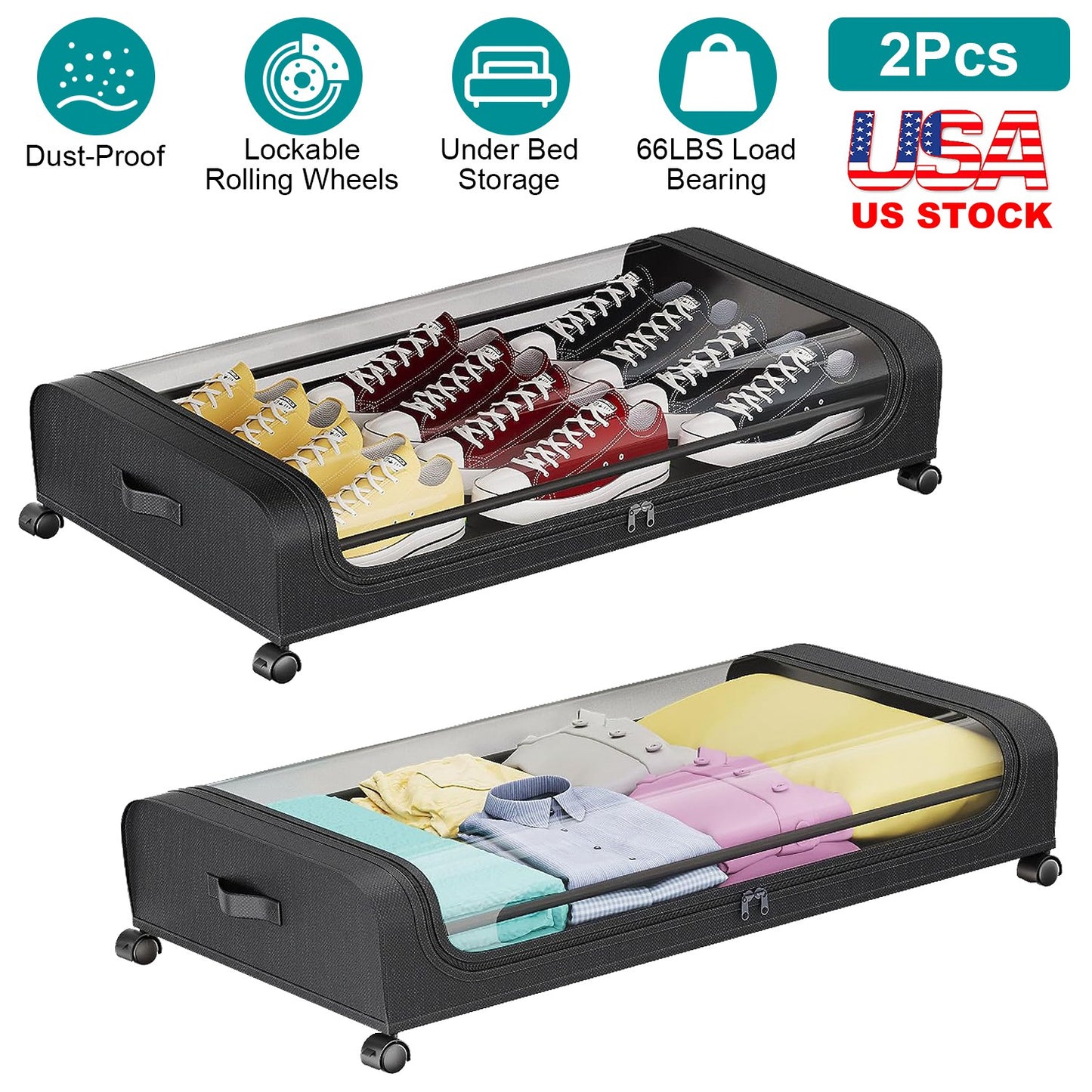 2Packs Under Bed Storage Containers Rolling Clothing Organizer 42L/11Gal Under BedÊDrawers with Clear Lid 360¡ Lockable Rolling Wheels Strap Handles