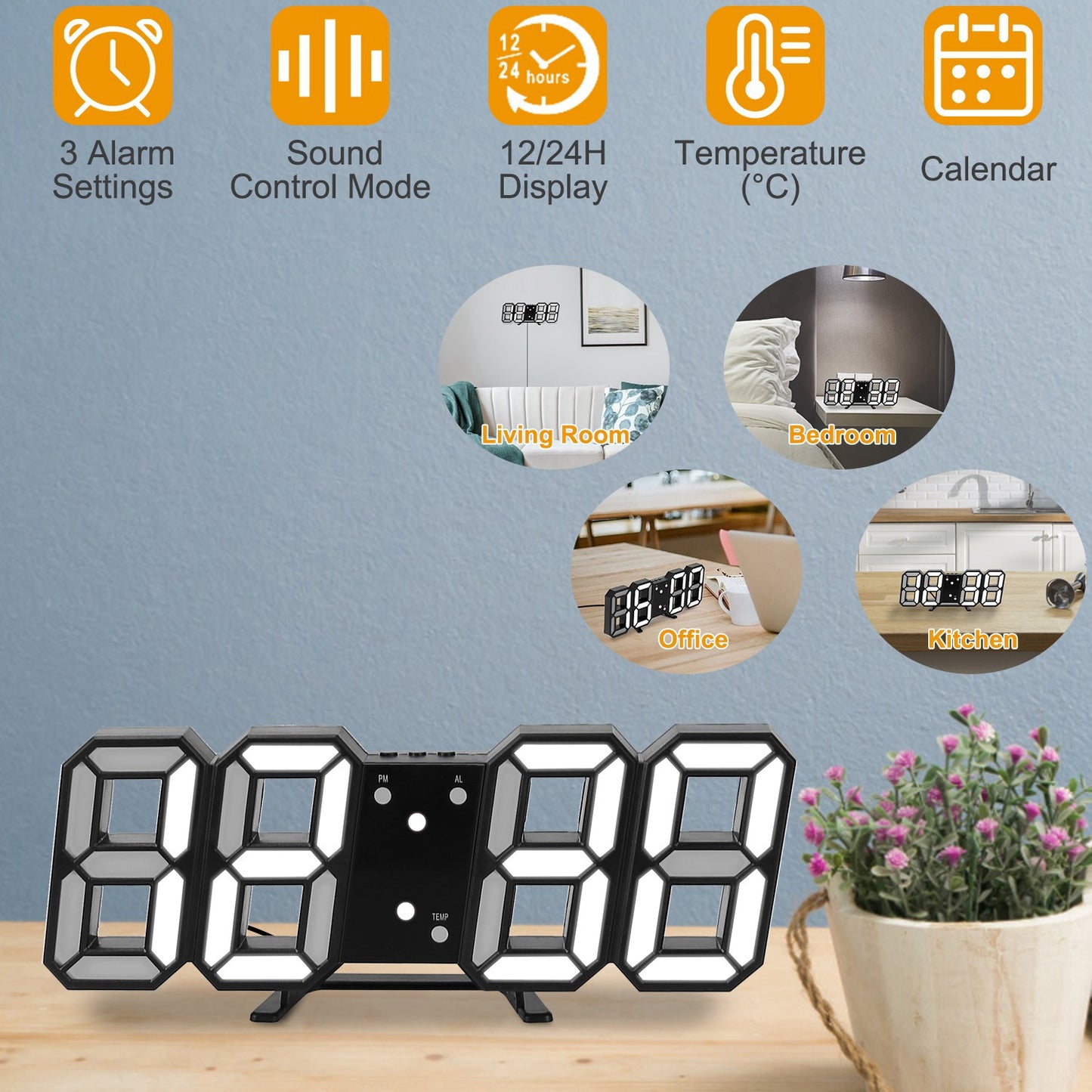 3D LED Digital Wall Clock Sound Control Table Desk Alarm Clock w/ 3 Auto Adjustable Brightness Snooze Date Temperature 12/24Hr Time Display For Office