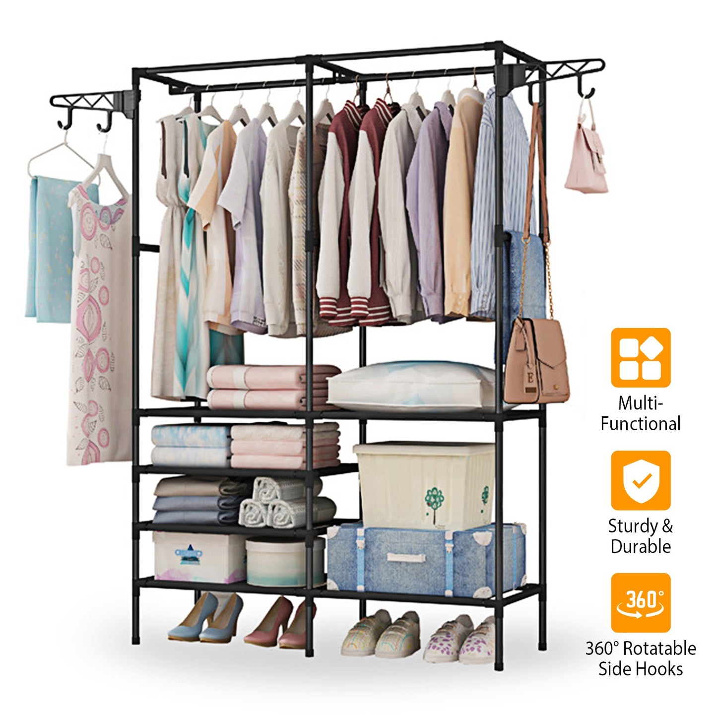 Metal Garment Rack Shoe Clothing Organizer Shelves Freestanding Multifunctional Clothes Wardrobe
