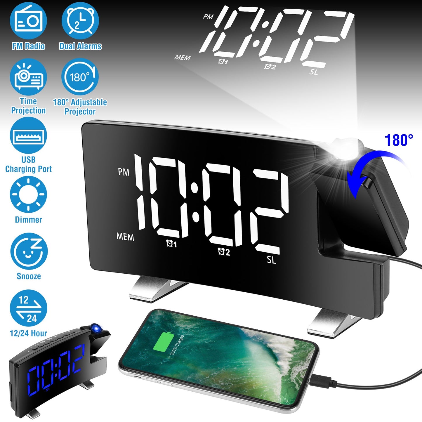 Projection Alarm Clock with Radio Function 7.7In Curved-Screen LED Digital Alarm Clock w/ Dual Alarms 4 Dimmer 12/24 Hour USB Charging Port 180¡ Rotat