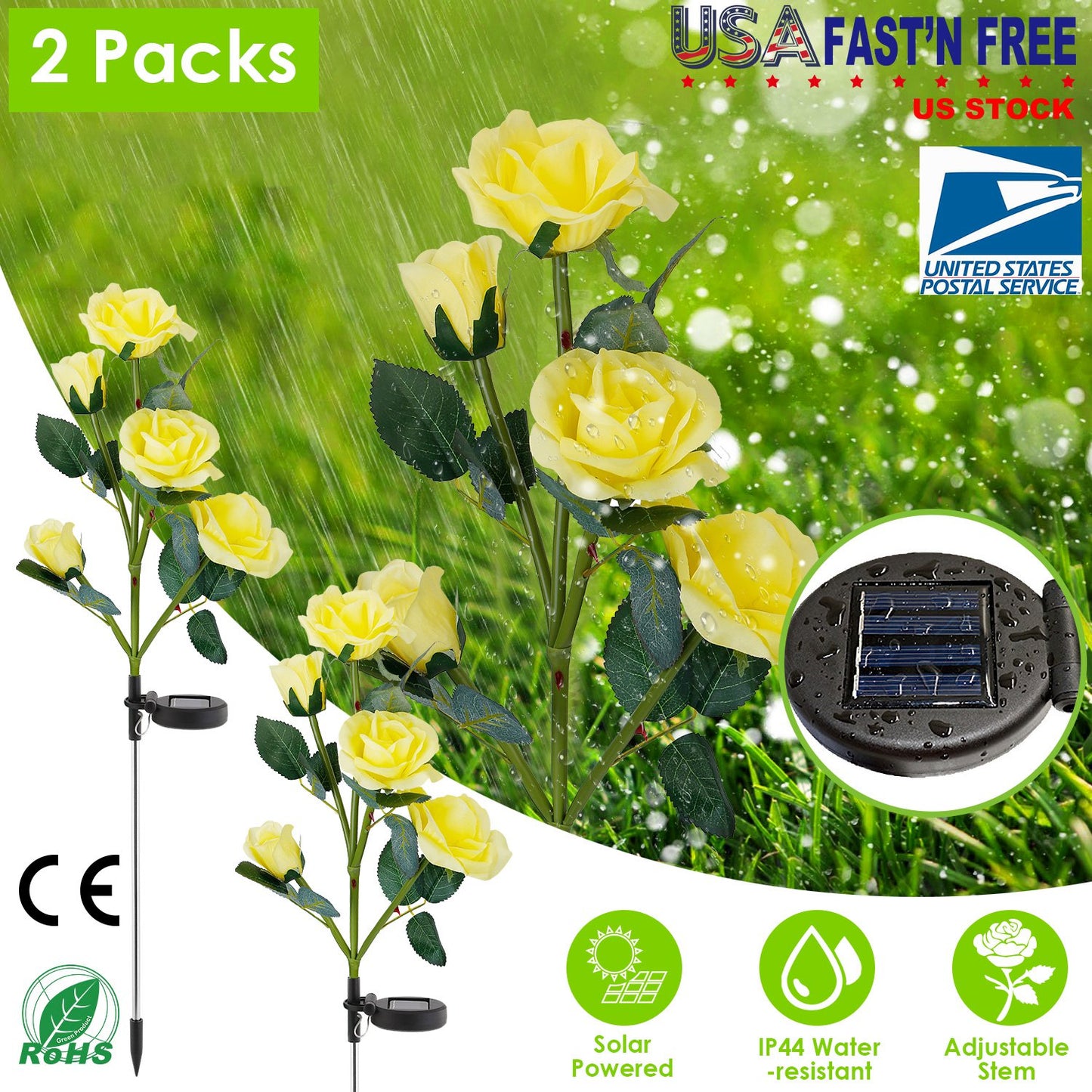 2Pcs Solar Powered Lights Outdoor Rose Flower LED Decorative Lamp Water Resistant Pathway Stake Lights For Garden Patio Yard Walkway