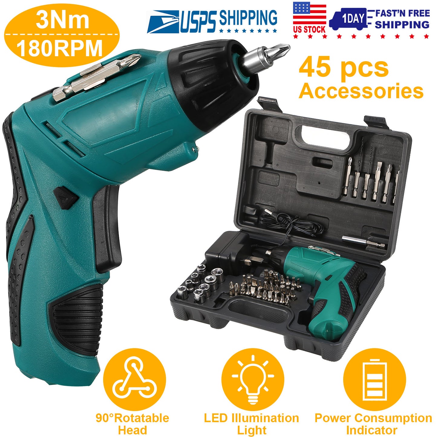 Cordless Electric Screwdriver Set Rechargeable 4.8V Drill Driver w/45 Drill Bits Carrying Case