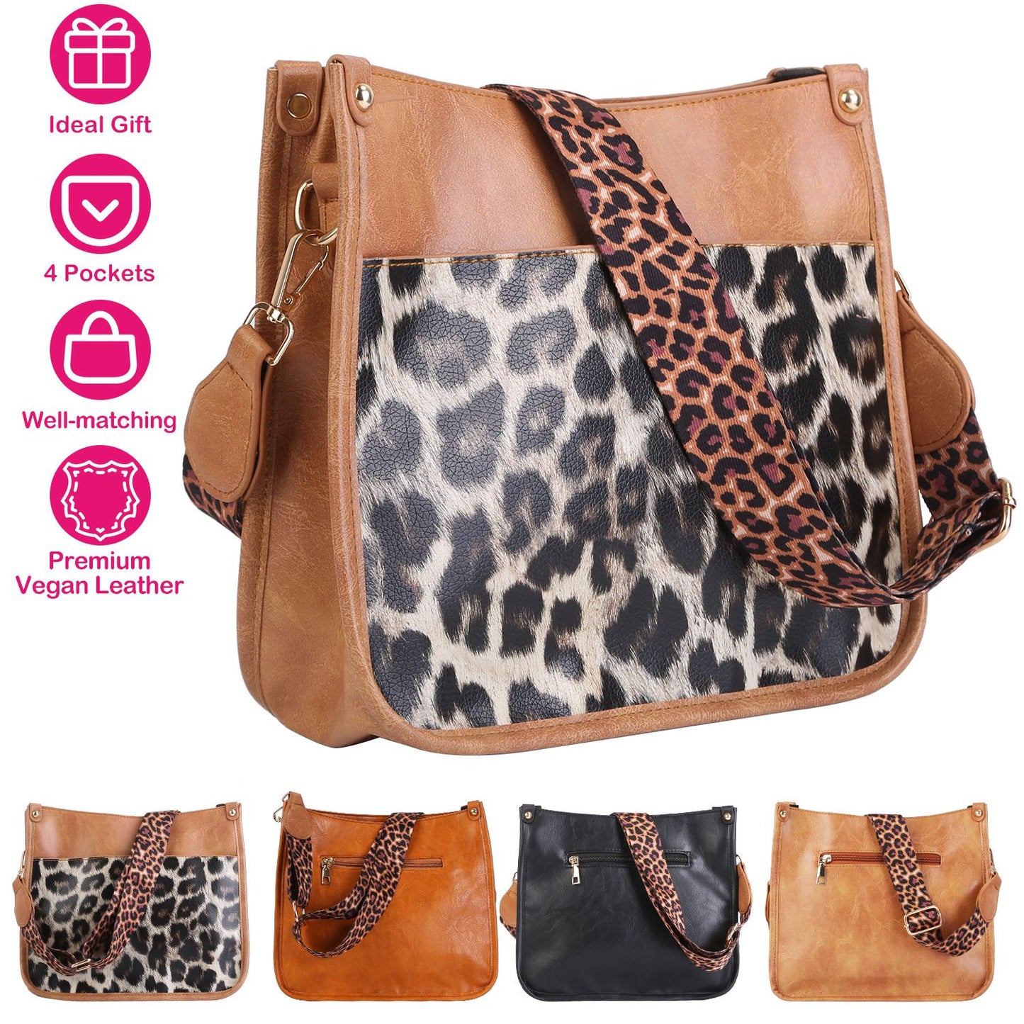 Women Fashion Leather Crossbody Bag Shoulder Bag Casual Handbag with Flexible Wearing Styles Adjustable Guitar Strap