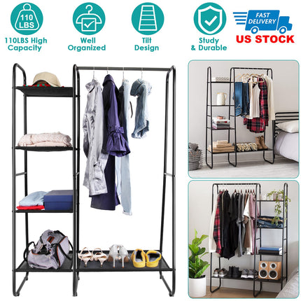 Metal Garment Hanging Rack Shoe Clothing Organizer Shelves Freestanding Clothing Hanging Rail Clothes Wardrobe Shoe Display Organizer with 1 Hanging R