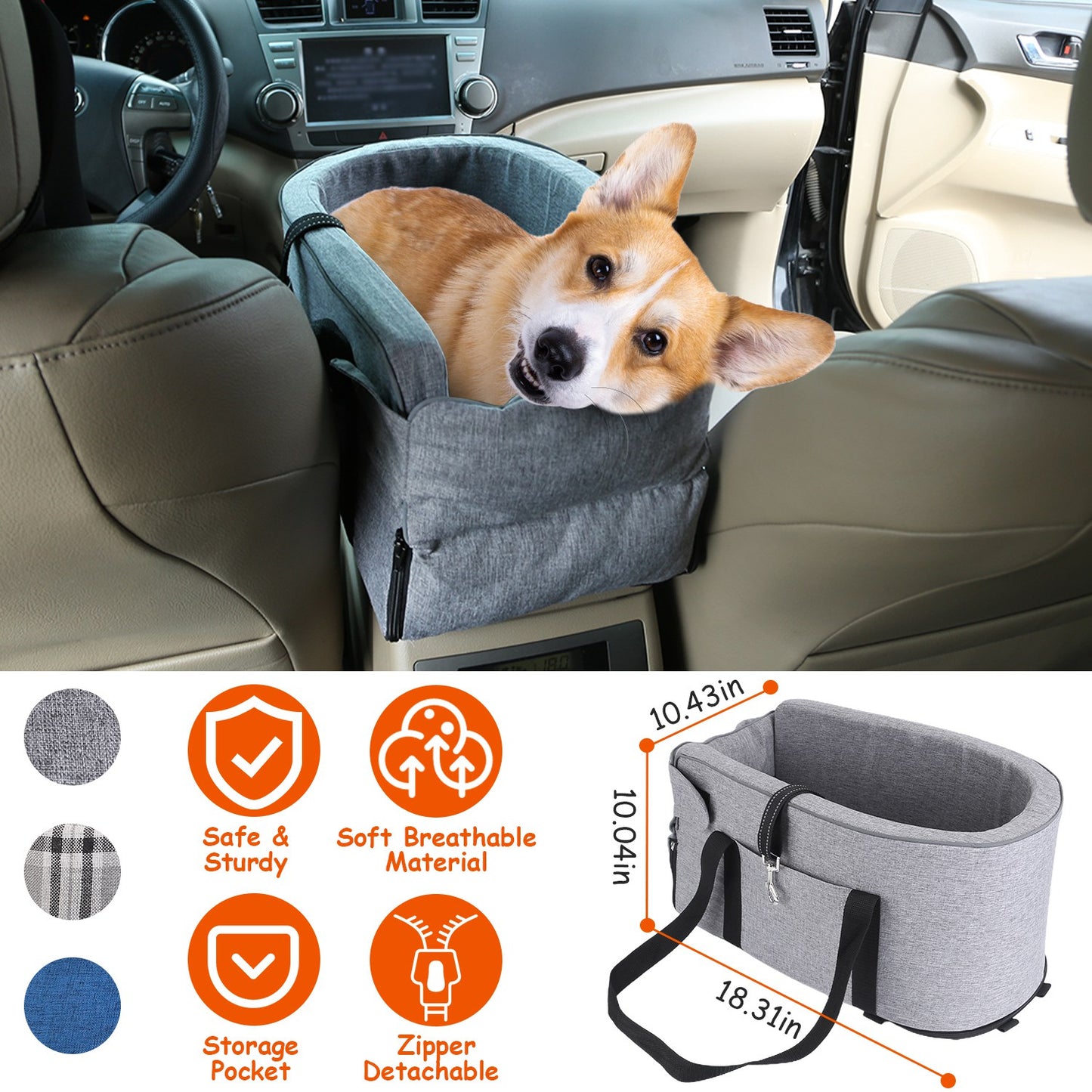Console Pet Car Seat with Storage Pocket Booster Car Seat Portable Pet Travel Bag Machine Washable Pet Seat Fit For Small Dog Cat