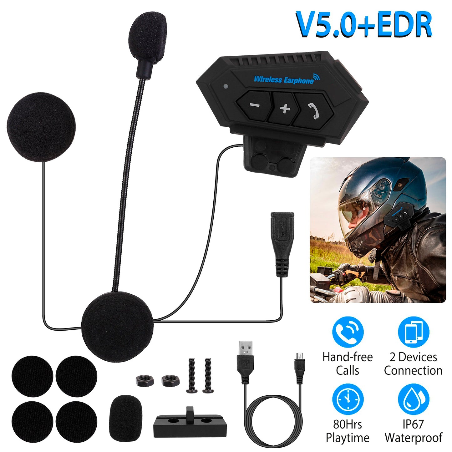 Wireless Headset Speaker Motorcycle Helmet Motorbike Headphone IP67 Waterproof