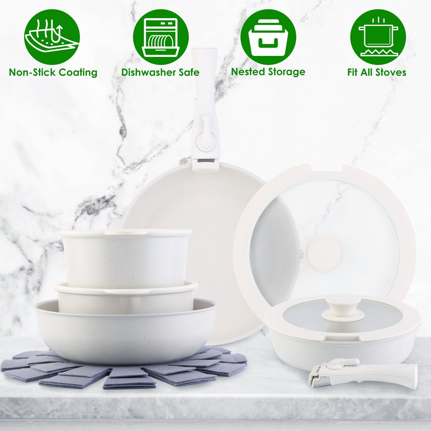 17Pcs Nonstick Cookware Set Induction Kitchen Pots And Pans Set With Detachable Handles Fast Even Heating Frying Pan Sauce Pan Oven Dishwasher Safe Fo