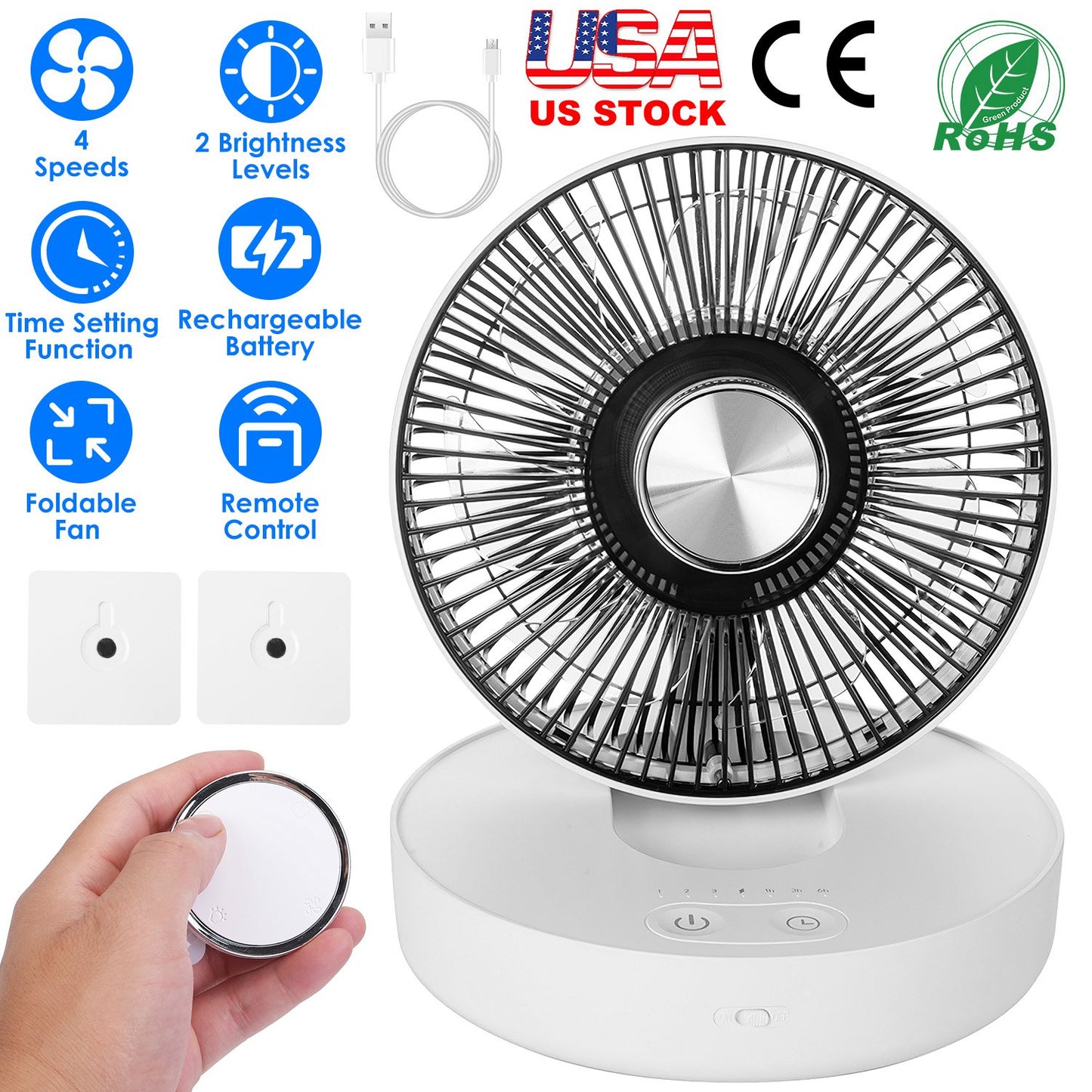 Foldable Rechargeable LED Desk Fan Wall Mounted Fan with Magnetic Remote Hanging Oscillating Fan with 4 Speeds 2 Brightness Time Setting Automatic Rot
