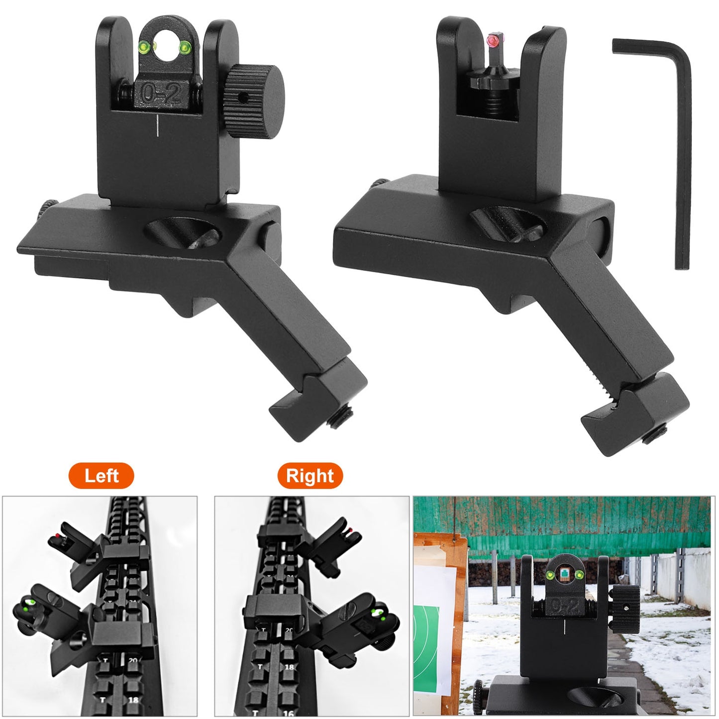 45 Degree Offset Rear Front Flip Up Sights Fiber Optics Aluminum Sights Tactical Folding Back Up Sight Set with Red Green Dots Fit Picatinny Weaver Ra