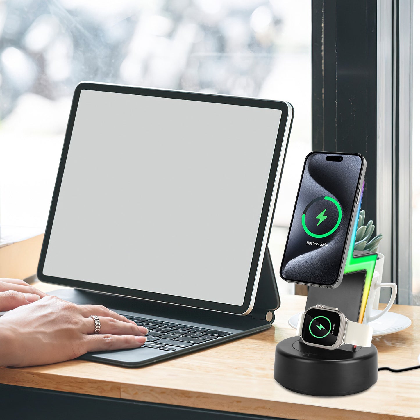 3 In 1 Magsafe Charger Wireless Charging Station Magnetic Charger Dock with 5 RGB Light Modes for IOS Phone 12-15 Airpods iWatches