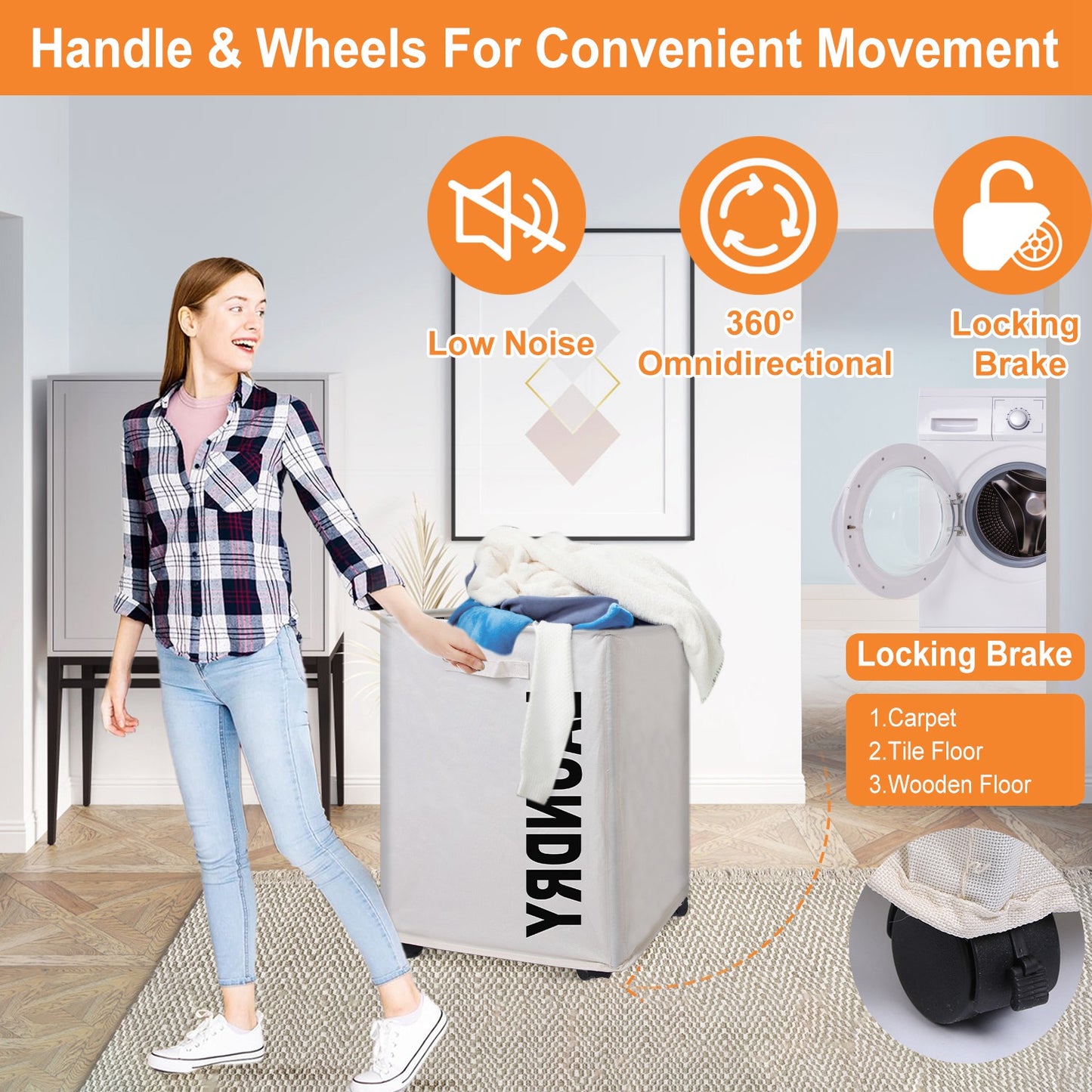 82L/21.6Gal Large Rolling Laundry Hamper Collapsible Tall Laundry Basket with Wheels Waterproof Dirty Clothes Cart with Handle Foldable Clothes Organi