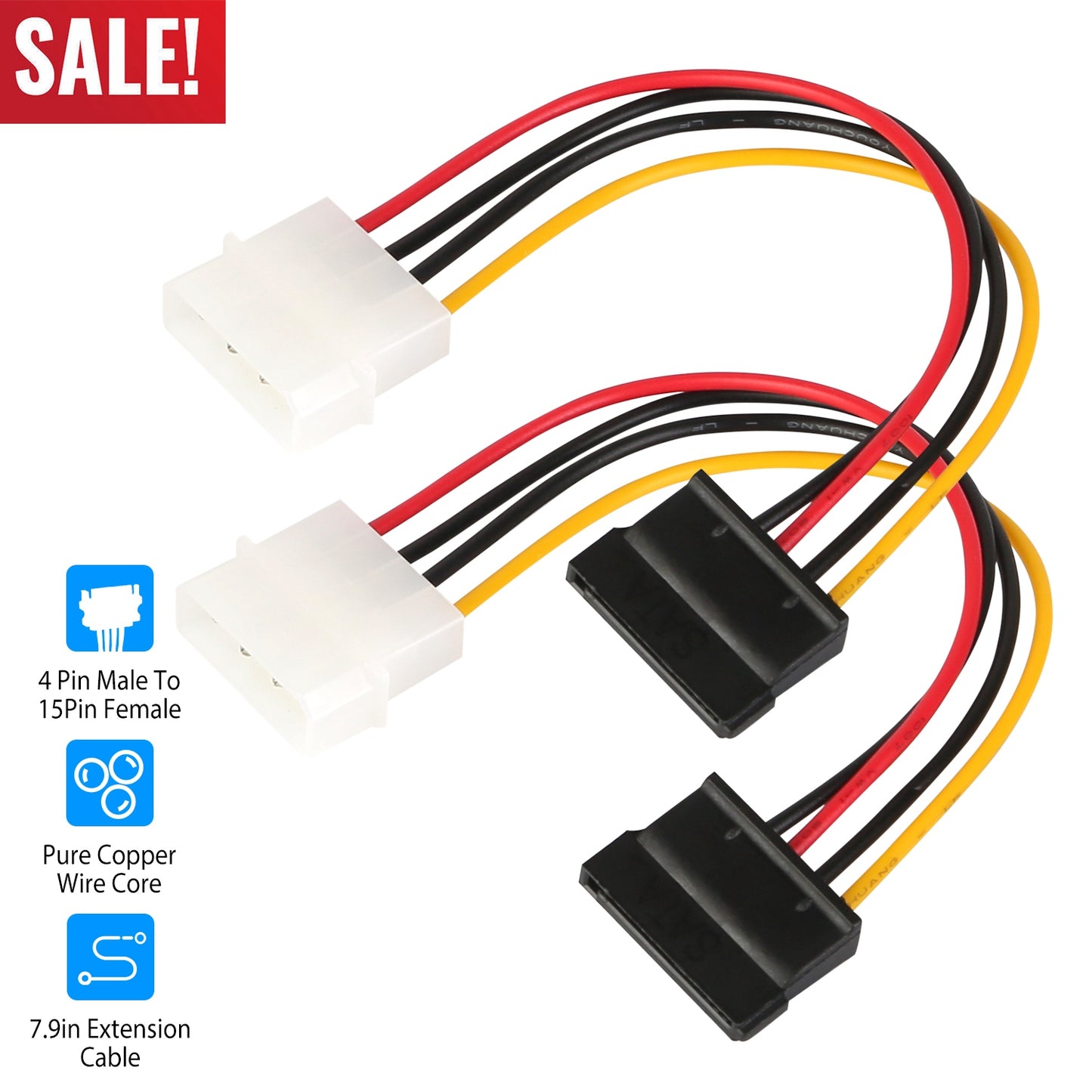 2 Packs 4 Pin Male To 15Pin Female Data Cable Adapter Converter Hard Drive Cable