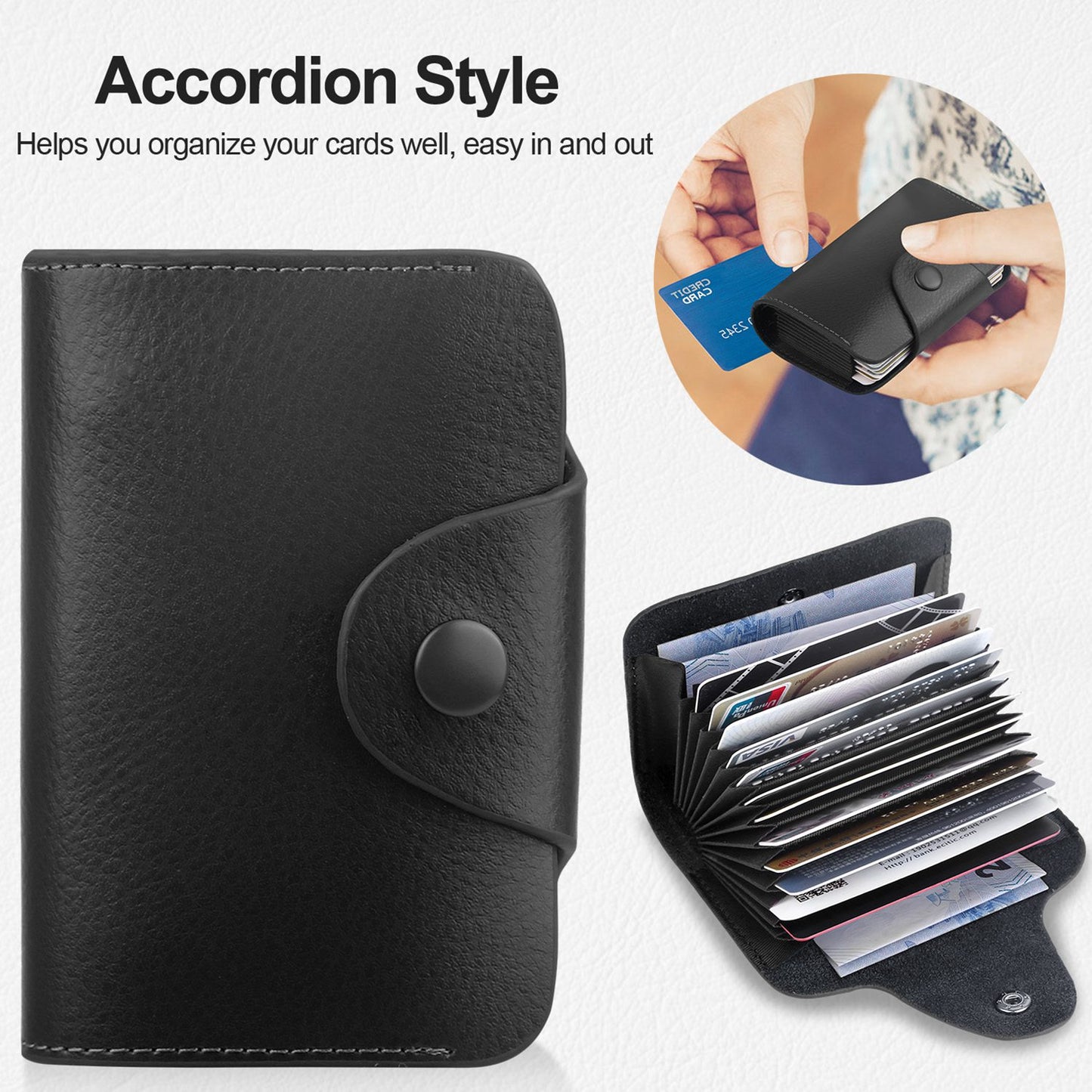Credit Card Holder Wallet PU Leather Snap Closure Purse Accordion Case with 12 Pcs Card Slots