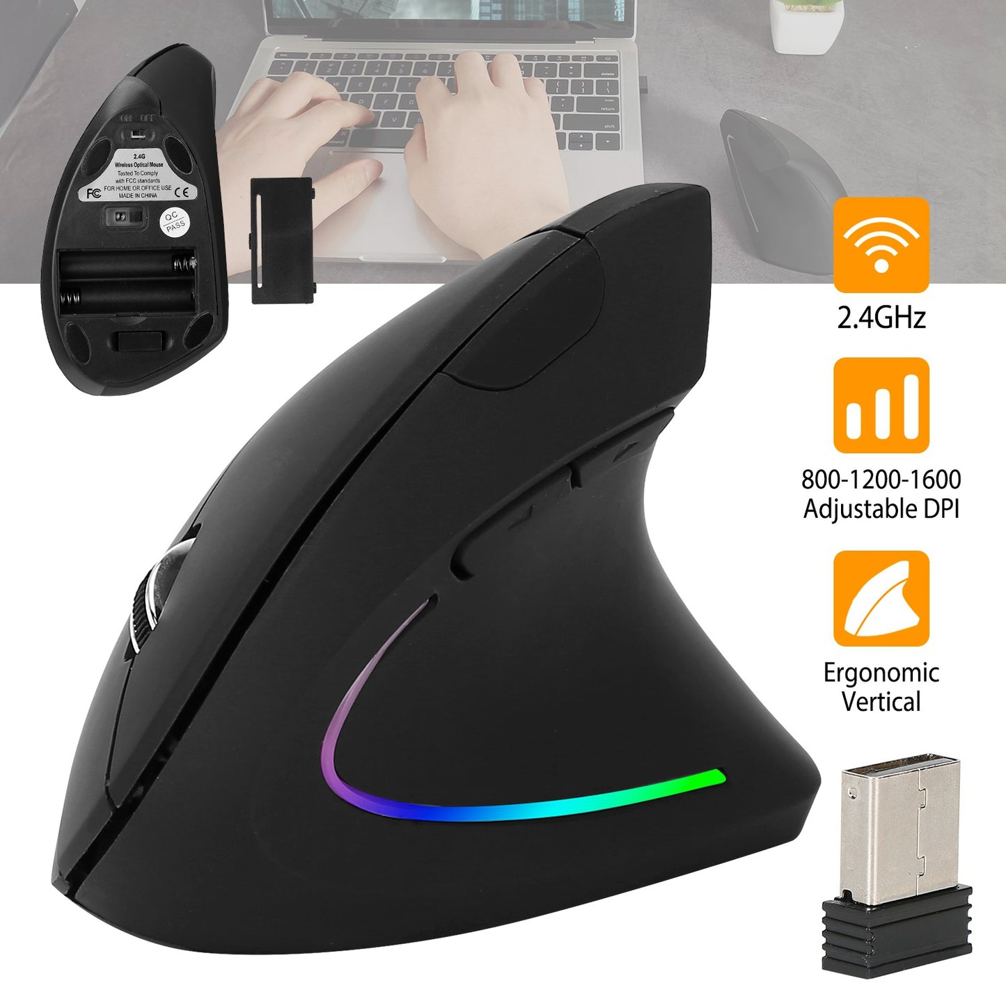 2.4G Wireless Vertical Mouse Ergonomic Optical Mice w/ 6 Buttons 3 Adjustable DPI 800/1200/1600 Levels for Laptop PC Computer