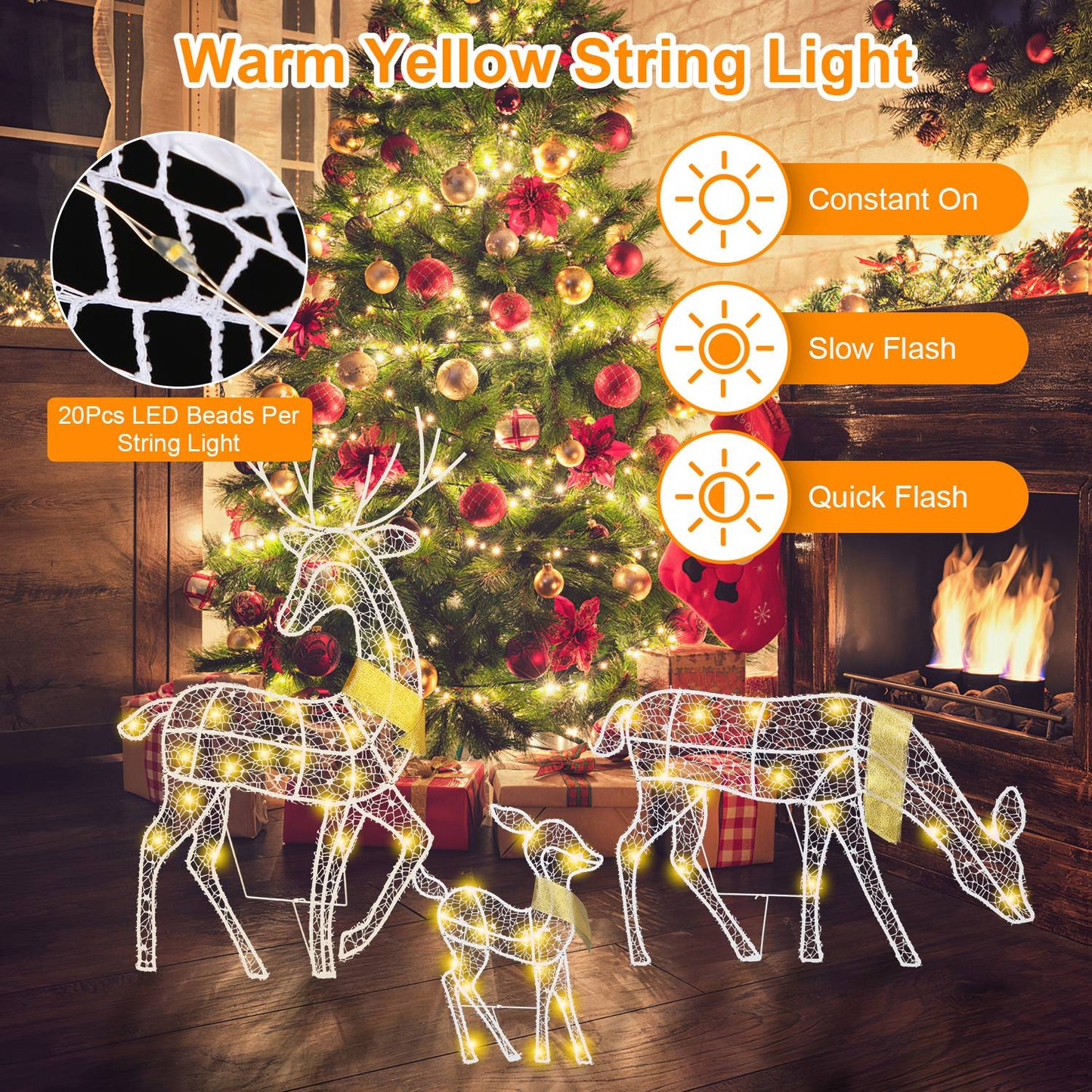 3 Sets of Reindeer Family Lighted 2D Christmas Deer Decoration Warm Yellow Light 3 Lighting Modes Buck Doe Fawn Indoor Outdoor Christmas Decoration