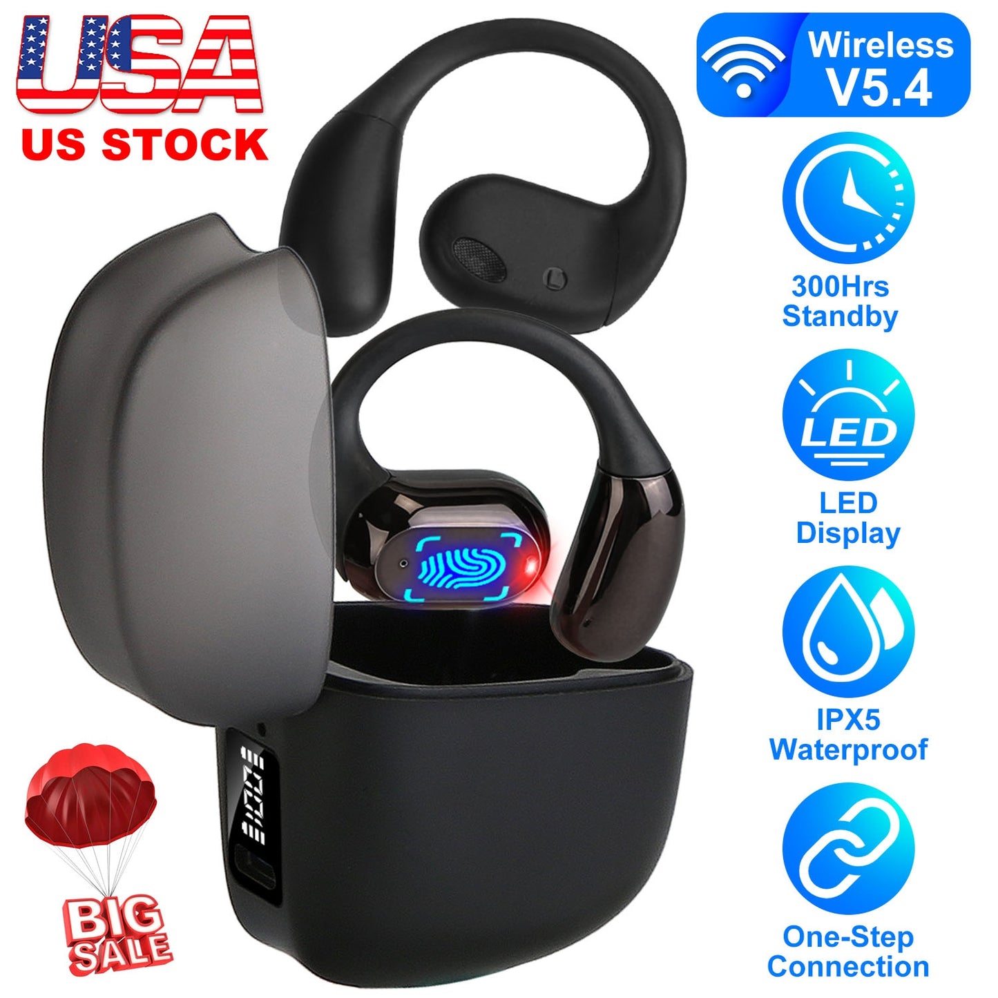 Wireless V5.4 Open Ear Earbuds with Earhook LED Display Charging Case IPX5 Waterproof 300Hrs Standby Time Touch Control Stereo Sport Headphones for Wo