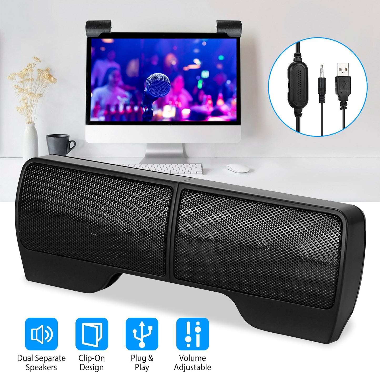 Clip-On Computer Sound Bar Portable USBÊStereo Mini Wired Speaker w/ Volume Control 3.5mm Jack For Desktop Computer Laptop Notebook PC Tablets Plug An
