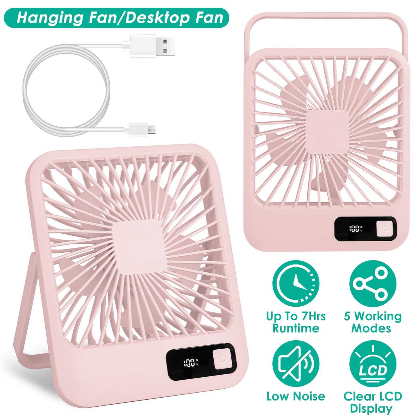 Mini Desktop Cooling Fan Rechargeable Battery Powered Personal Fan Speed Adjustment Strong Airflow Quiet Travel Fan with LCD Display for Home Office T