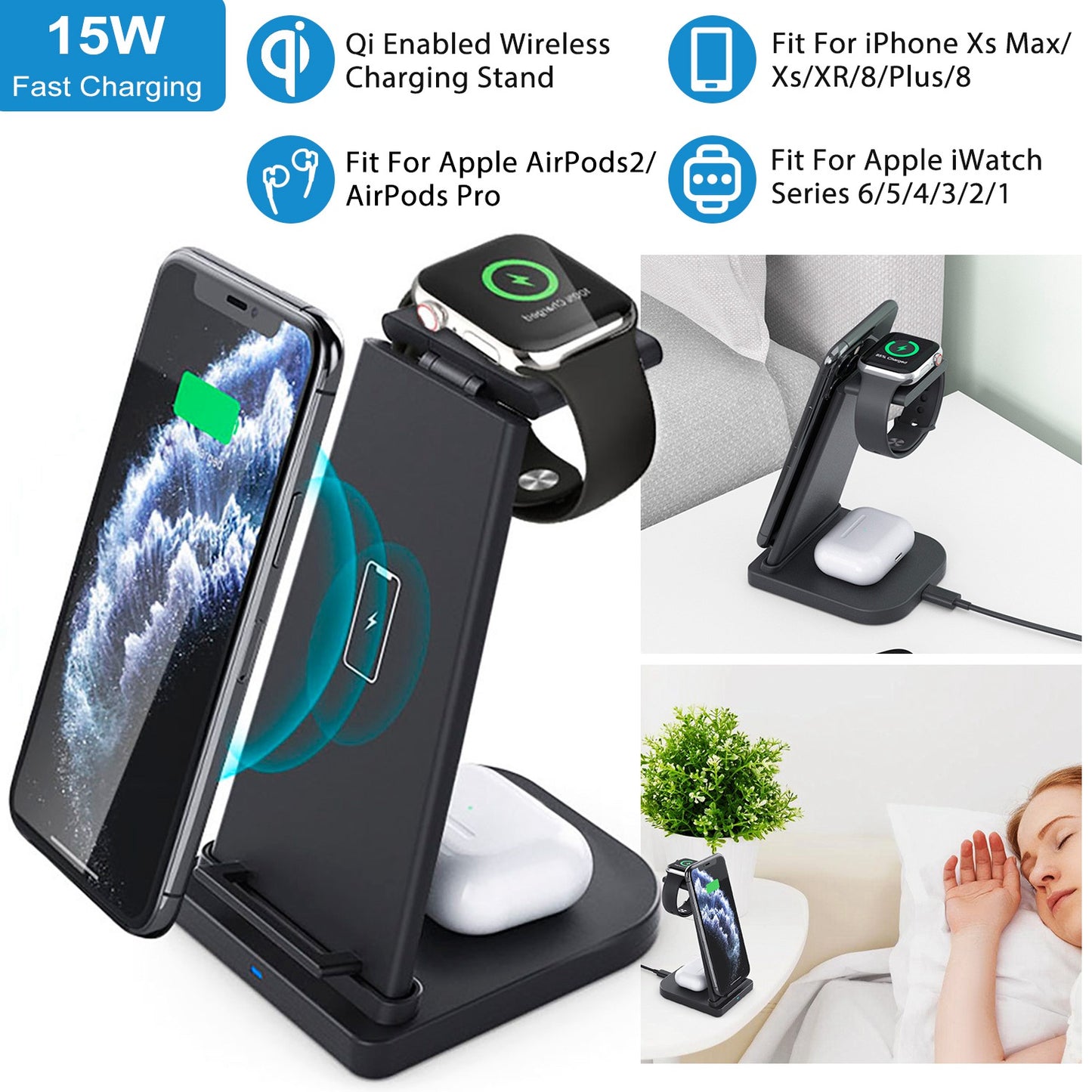 3-in-1 Wireless Qi Enabled Charger Dock 15W Fast Charging Station For iPhone Apple iWatch Series 6/5/4/3/2/1 AirPods 2 AirPods Pro Fit For iPhone Xs M