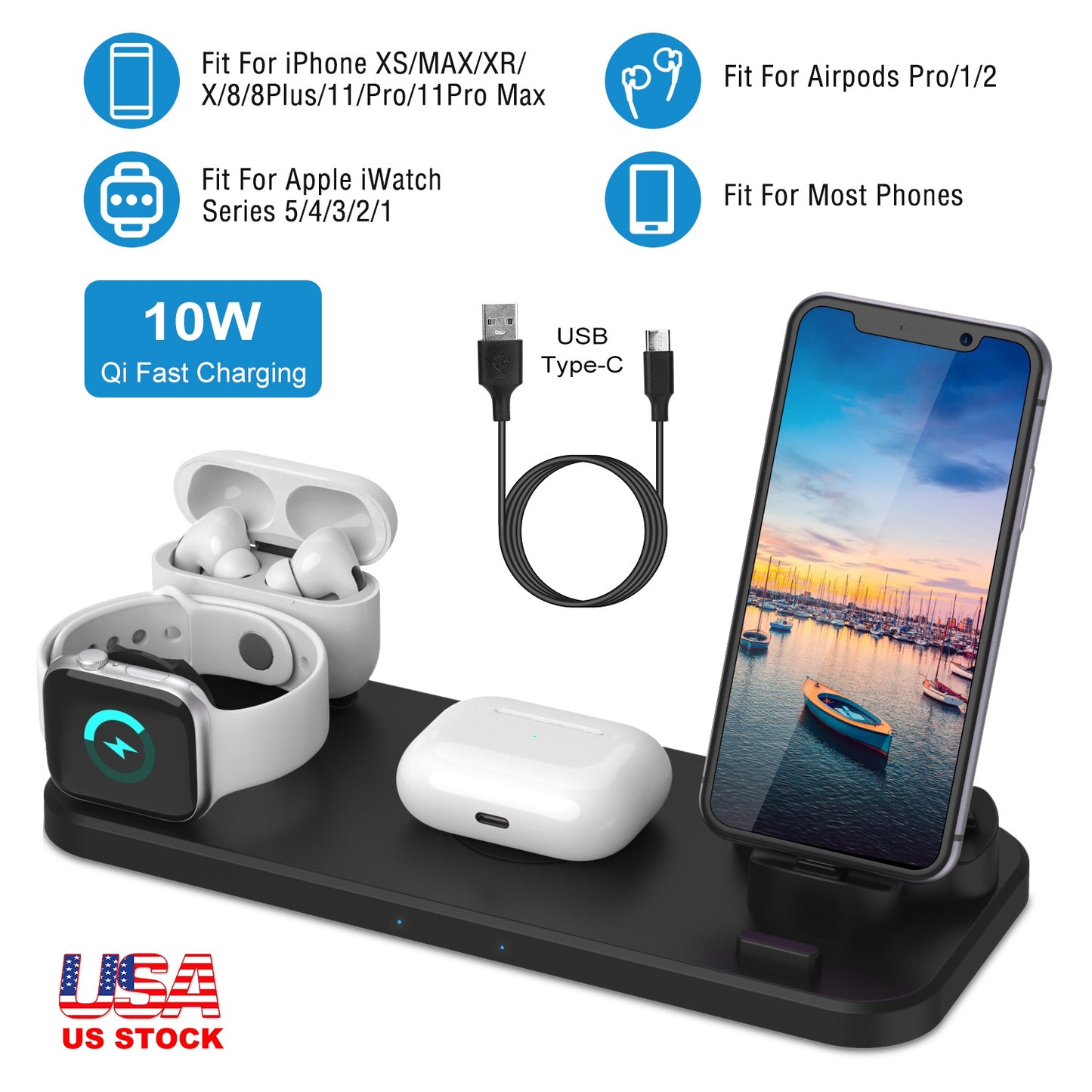 6 In 1 Qi Wireless Charger 10W Fast Charging Station Fit For iWatch 5/4/3/2/1 Airpods Pro/1/2 IOS phone Xs/MAX/XR/X/8/8Plus/11/Pro/11Pro max Galaxy No