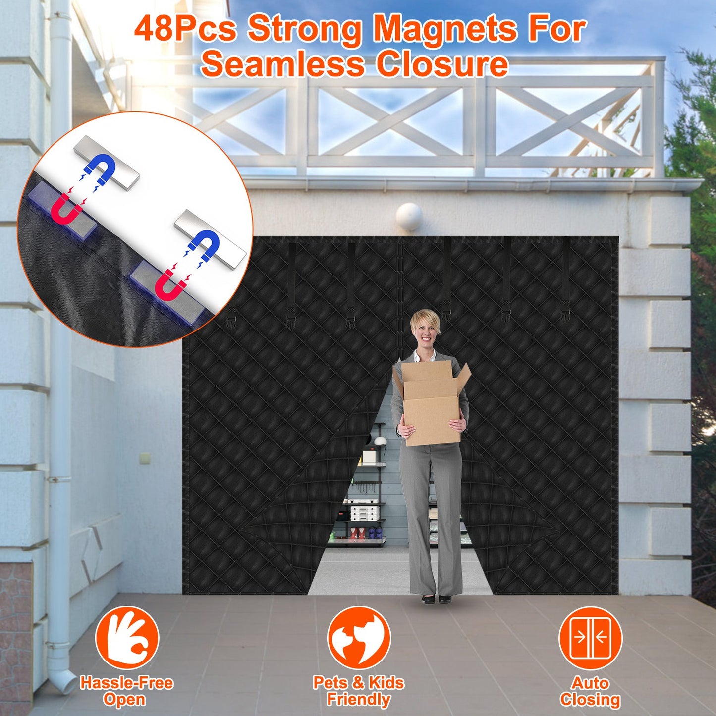 16*7FT Magnetic Thermal Insulated Garage Door Curtain for Winter Two-Car Garage Screen with Magnetic Closure 8 Roll Up Buckle Straps for Two Cars Weat