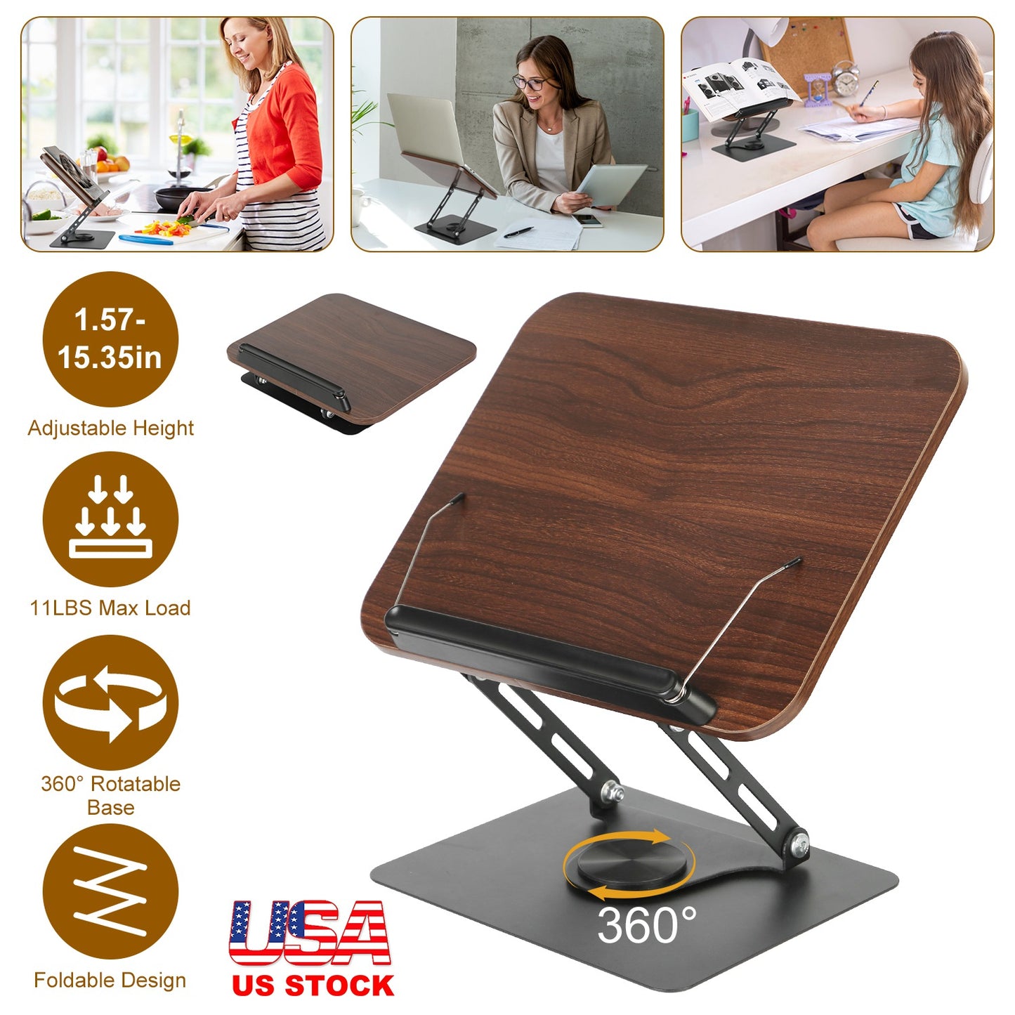 Book Stand for Reading Foldable Wood Book Holder Reading Rack Paper Stand with Adjustable Height 360¡ Rotatable Base Dual Paper Clips for Book Sheet M