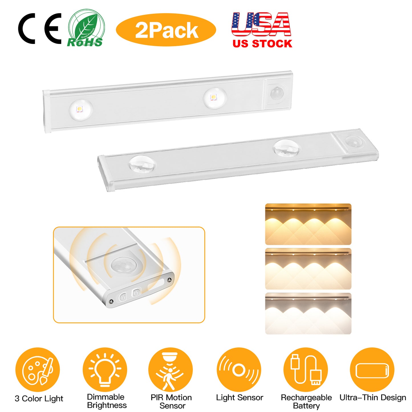 2Pack Rechargeable Cabinet Light Motion Sensor Light Cordless LED Closet Lamp 3 Colors Dimmable Light for Kitchen Cabinet