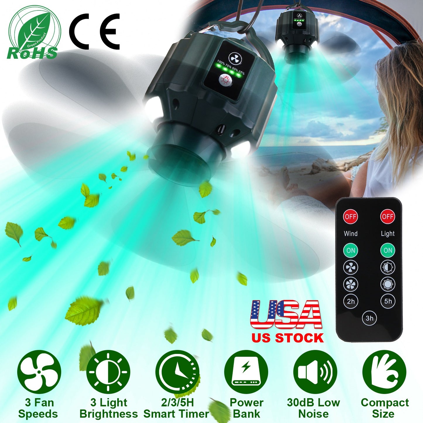Portable Camping Ceiling LED Fan 10400mAh USB Battery Powered Hanging Tent Lantern Fan Power Bank with 3 Fan Speed 3 Light Brightness Smart Timer Remo