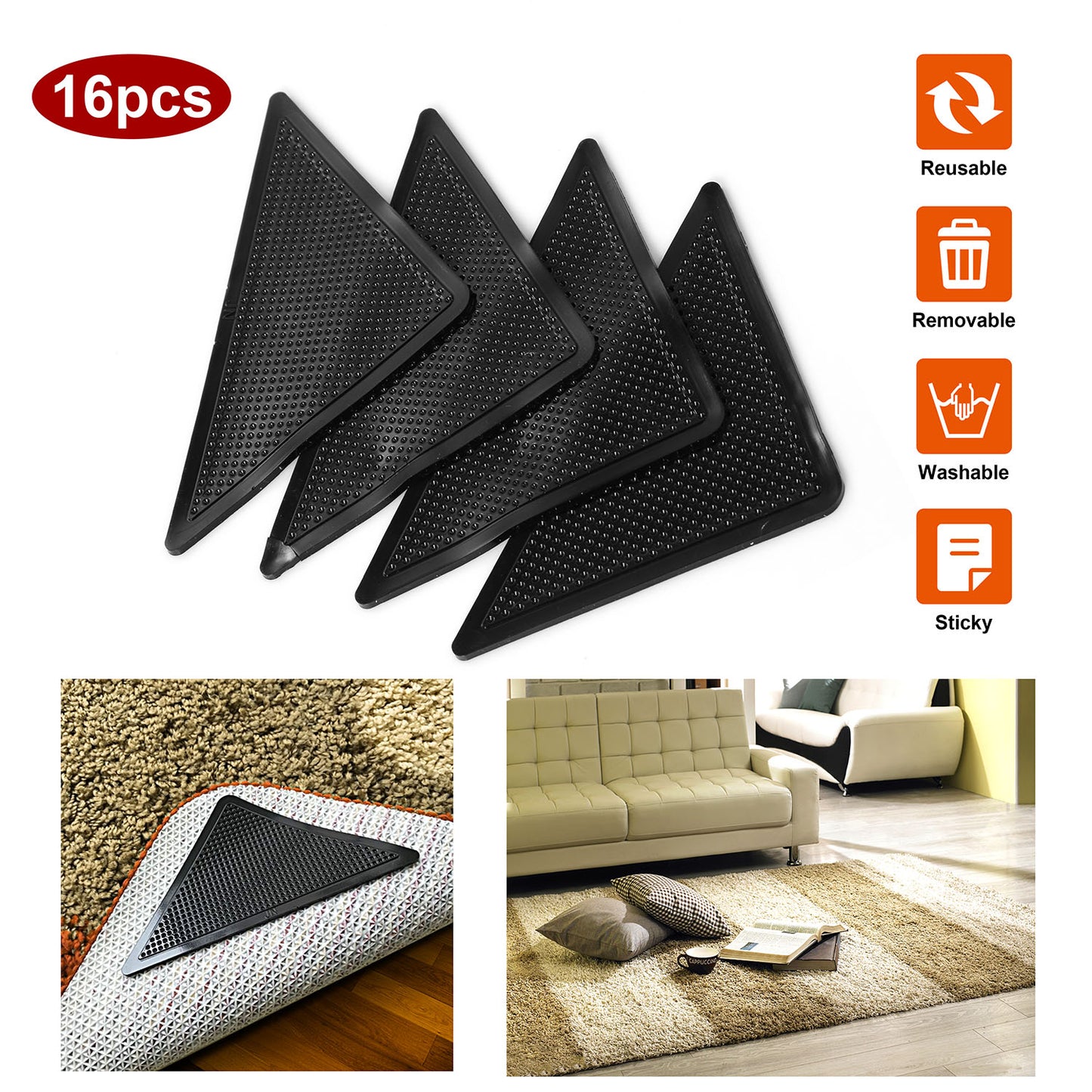 16Pcs Area Rug Gripper Pad Non Slip Anti Curling Carpet Mat Gripper Self- Adhesive Reusable Washable Renewable Hard Wood Floor Safe