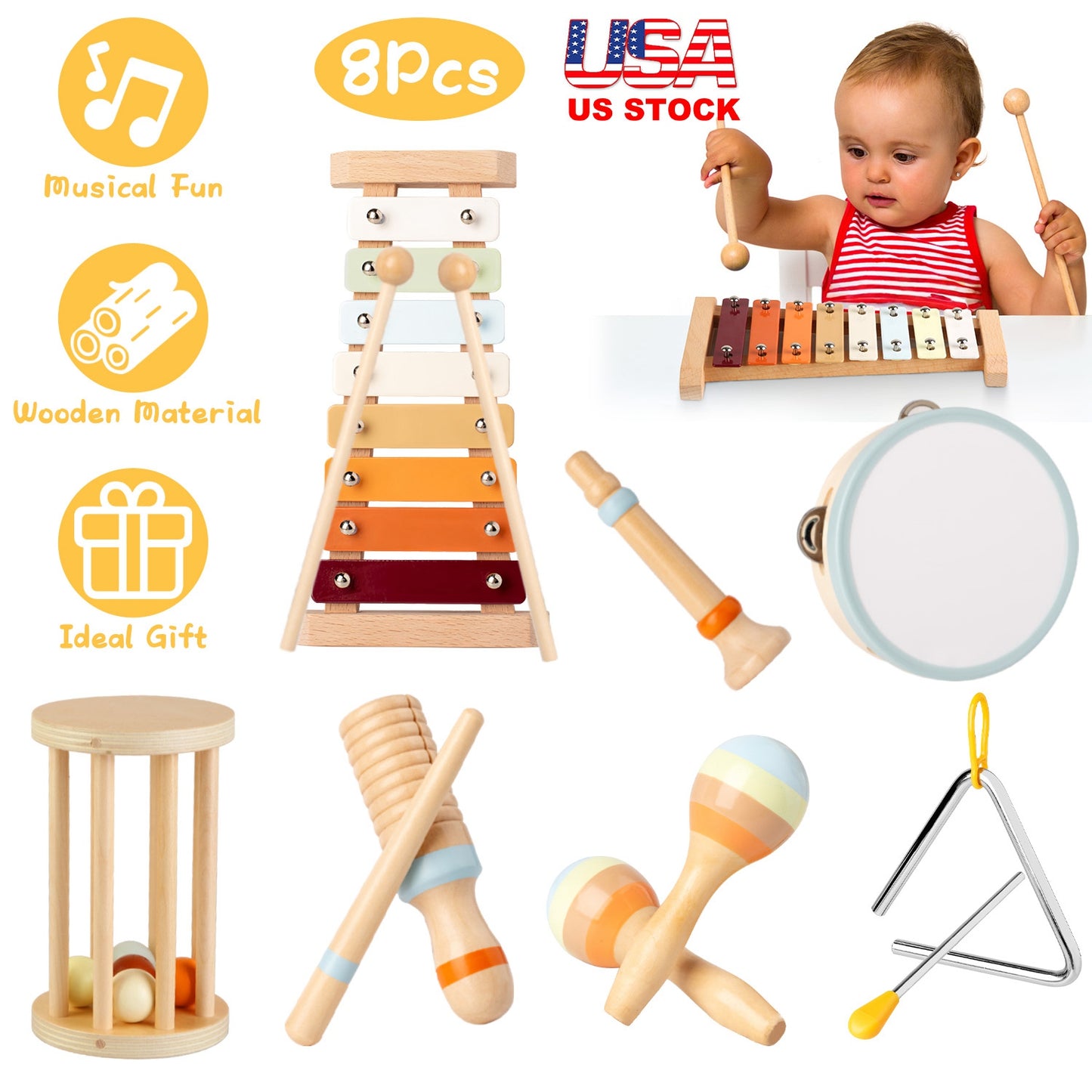 8Pcs Toddler Musical Toys Wooden Montessori Musical Instruments with Xylophone Tambourine Maracas for Boys Girls Aged 3 4 5 Years Old