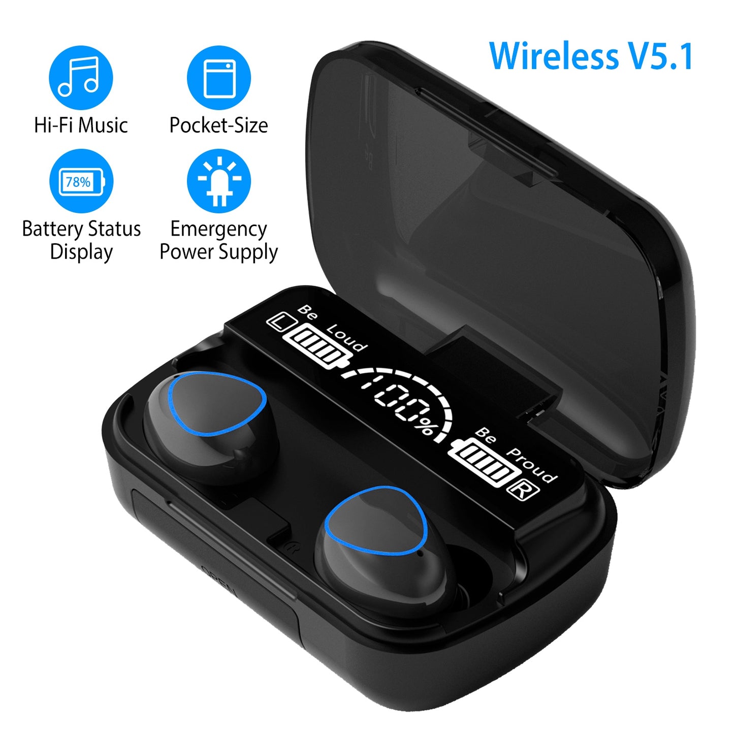 5.1 TWS Wireless Earbuds Touch Control Headphone in-Ear Earphone Headset with Charging Case IPX7 Waterproof Power Bank