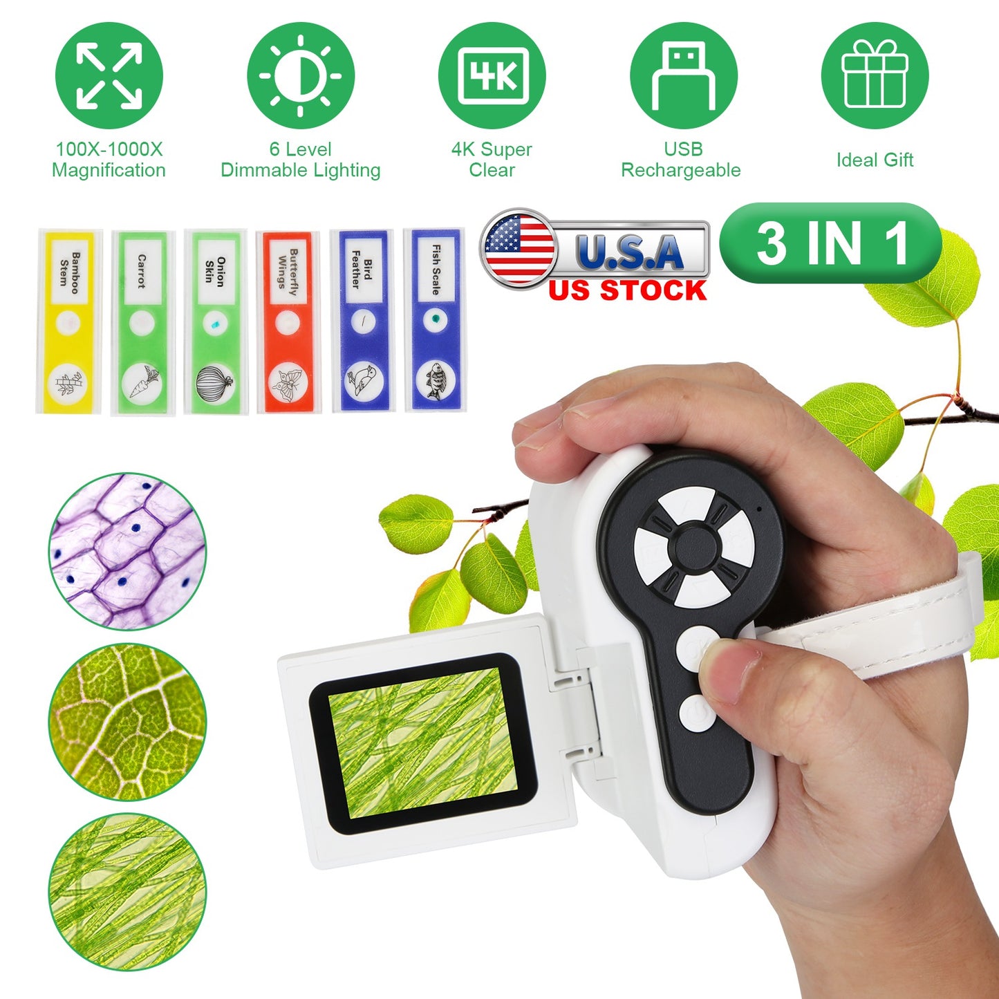 3 In 1 1000X KidsÕ Microscope Telescope Camera Handheld USB Mini Microscope with LED Light 6 Sample Slides 32G MMC Card for Boys Girls Aged 6+ Years O