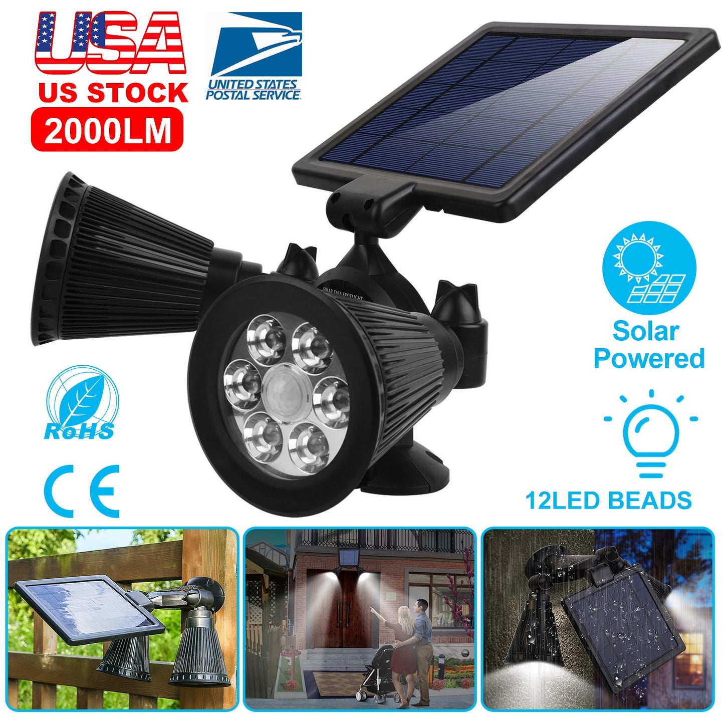 Solar Lights Outdoor Solar Power Motion Sensor Spotlights 2000lm Security Lights w/ Dual Head 360¡ Rotatable IP44 Wall Lights Garden Garage Driveway