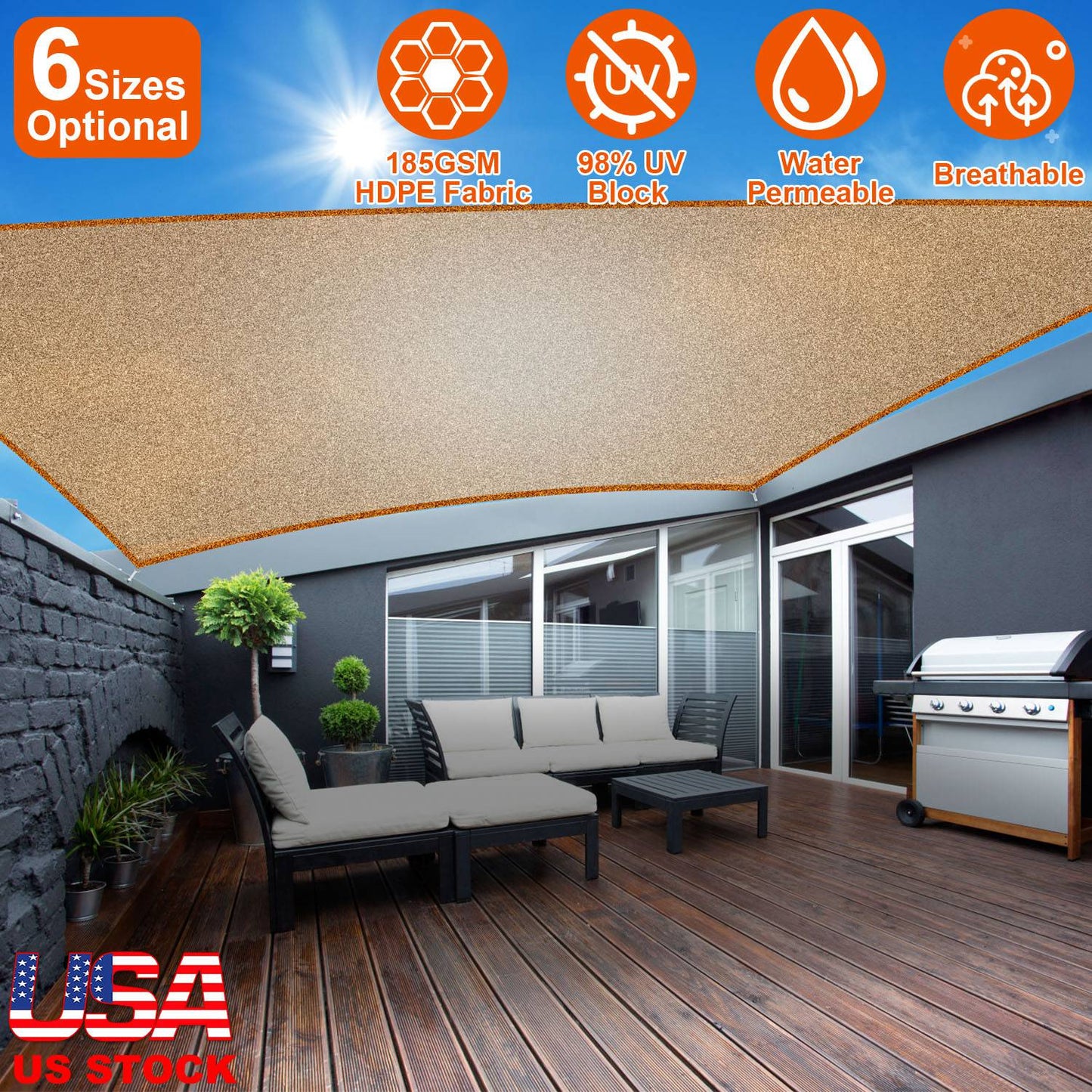 Rectangle Top CanopyÊ98% UV Block Awning Shelter 185GSM HDPE Patio Cover with Snap Hooks Ropes for Outdoor Garden Backyard