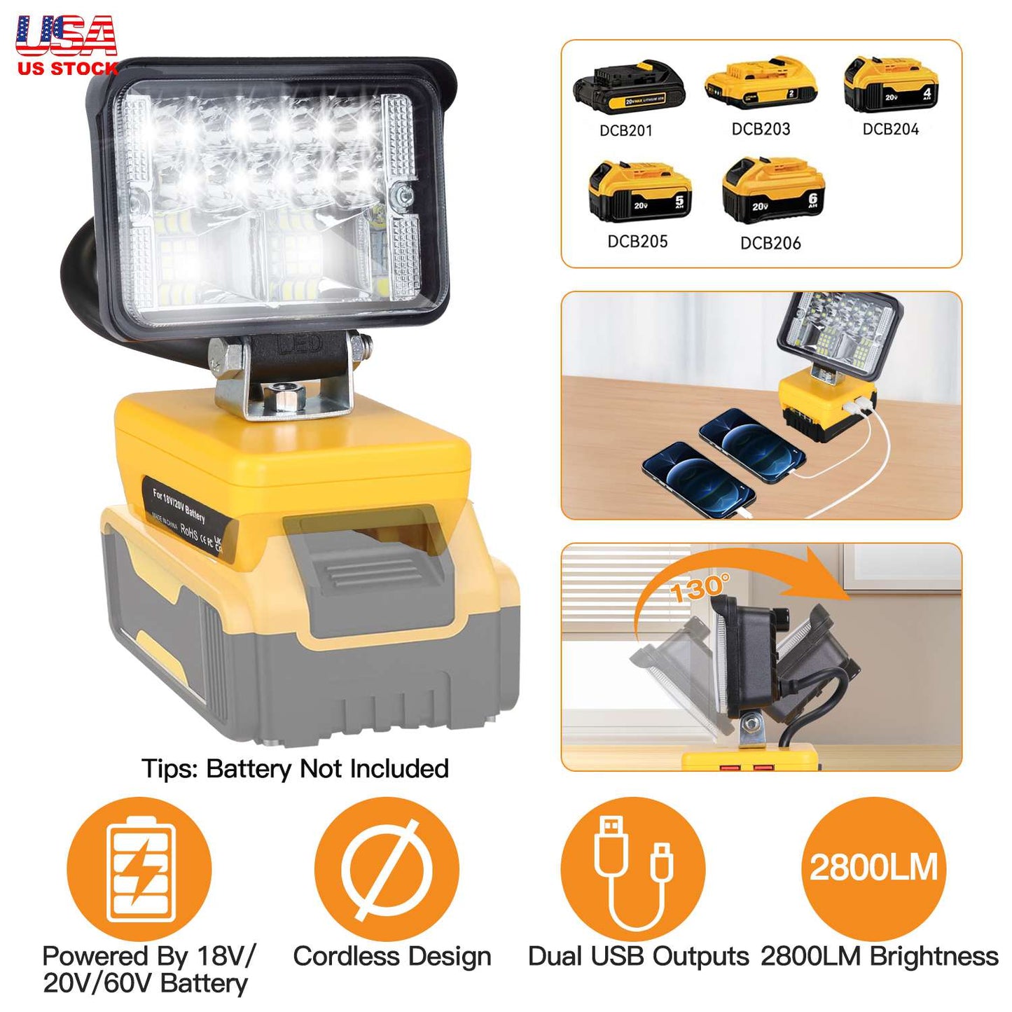 Cordless LED Work Light LED Flood Light for Dewalt 18V 20V 60V Battery 12W 2800LM with Dual USB Charging Port for Workshop Camping Outdoor Emergencies