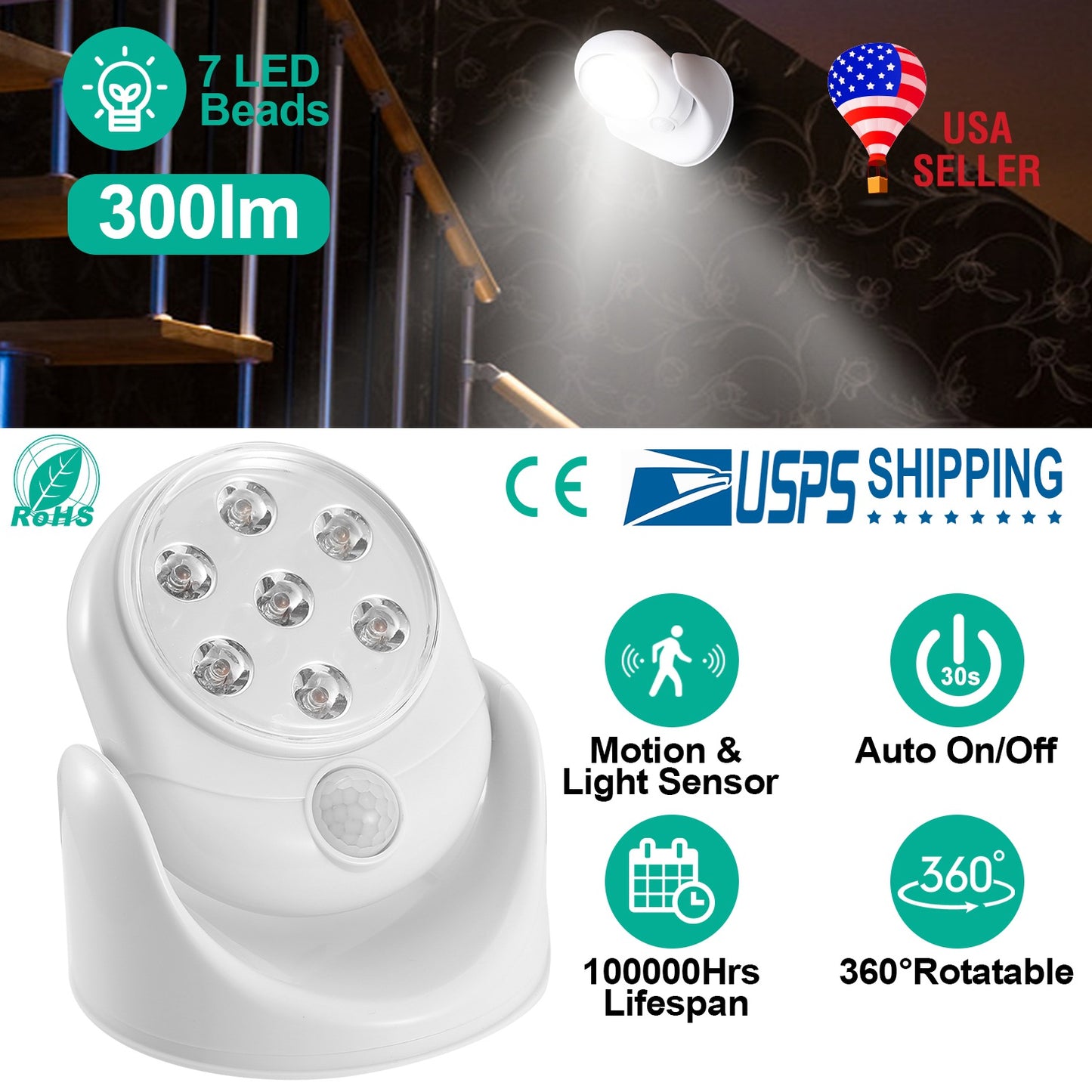 Wireless LED Spotlight 90 ¡ Motion Sensor Night Lamp 360¡Rotate Cordless Stairs Lights Battery Operated w/23ft Sensing Range for Closet Bathroom