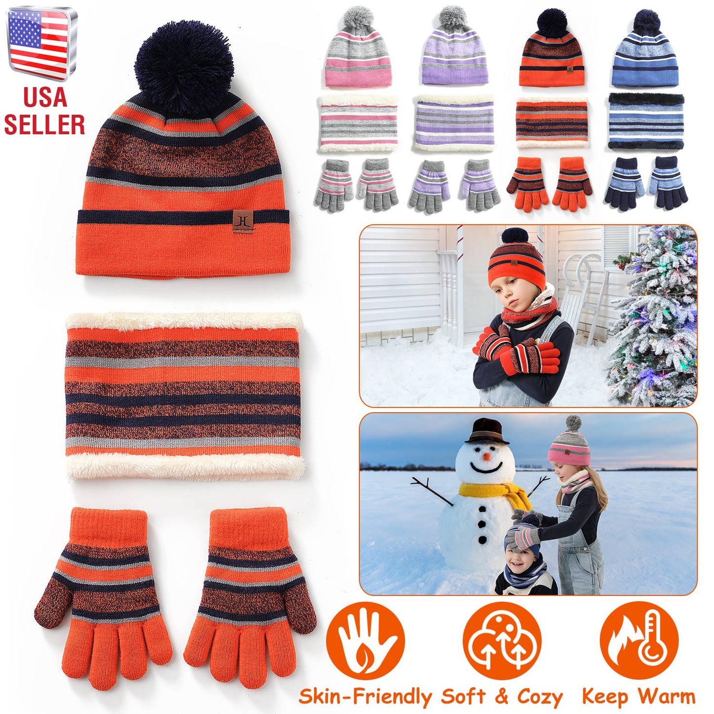 Winter Kids Knitted Hat Scarf Gloves 3Pcs Boys Girls Winter Warm Beanie Hat and Glove Scarf Set Beanie Neck Warmer Mittens for 4-7-Year-Old Kids