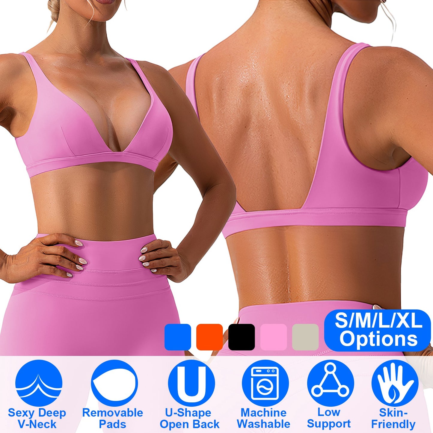 Women Deep V-Neck Sports Bras U-Shaped Back Sport Bras Padded StrappyÊCrop Open Back Low Impact Bras SexyÊFitnessÊTank Tops with Removable Pads for Gy