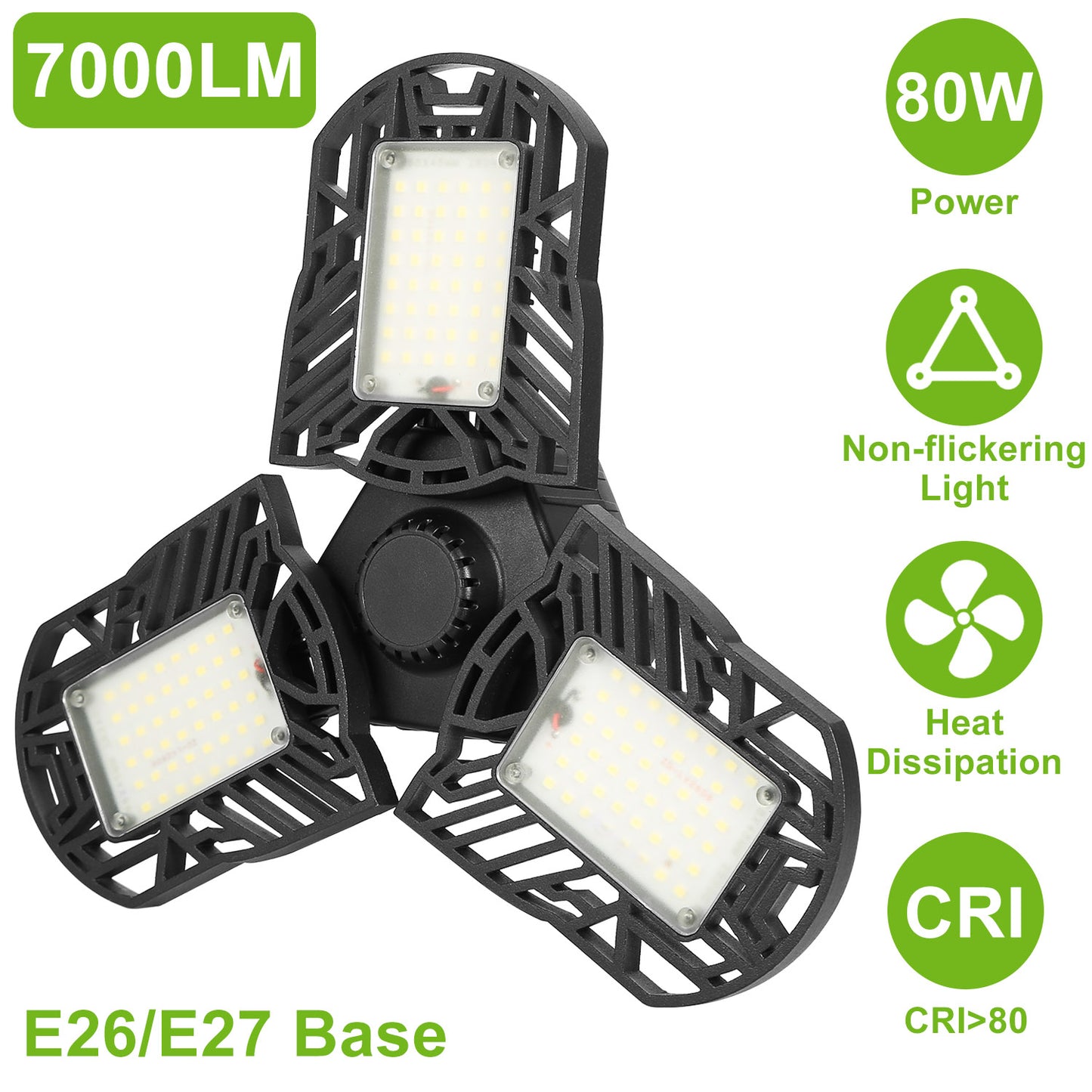LED Garage Light, iMounTEK E26/E27 80W 7000LM 6500K Garage Ceiling Light Deformable Workshop Lamp Die Cast Aluminum LED Ceiling Light Bulbs with 3 Adj