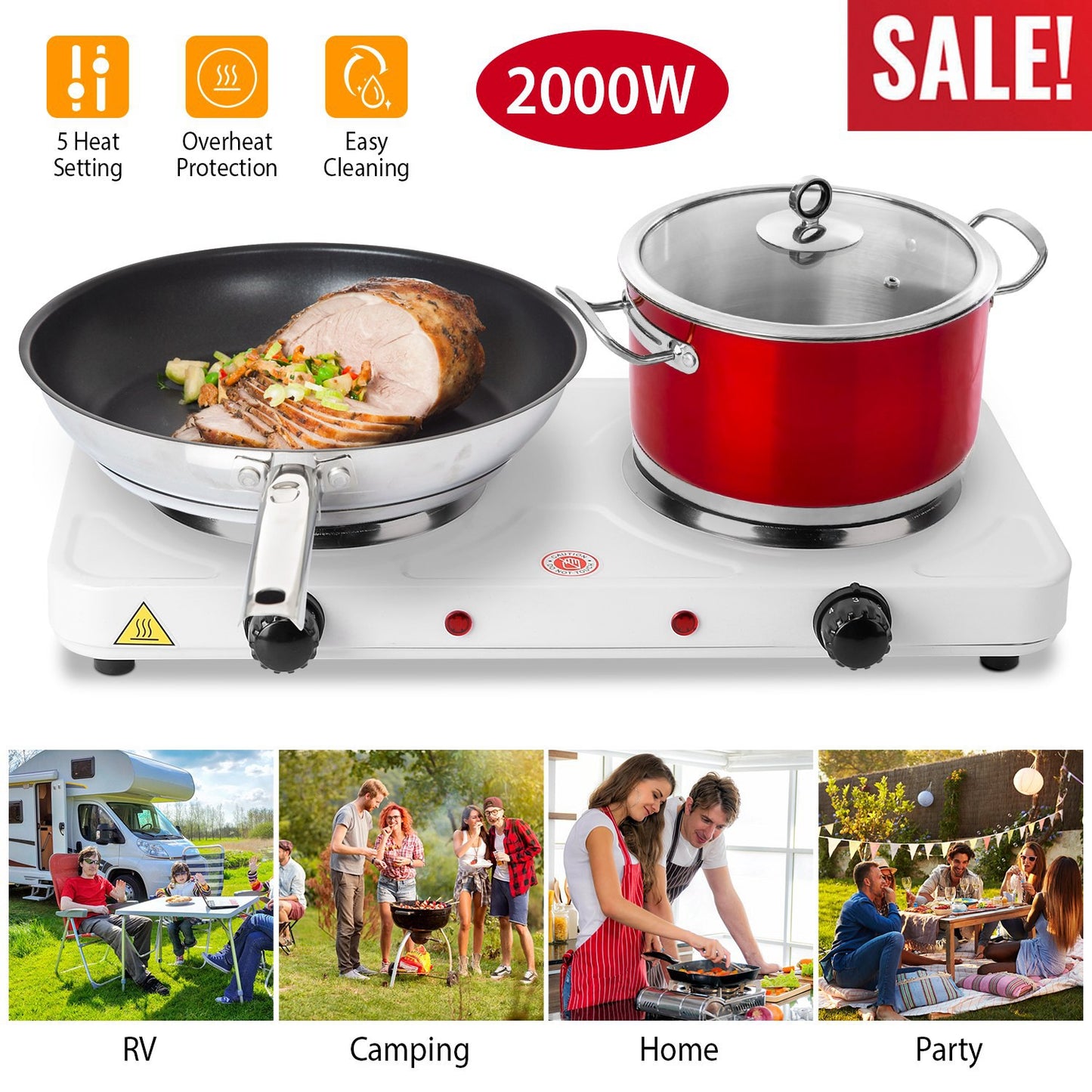 2000W Double Electric Burner Portable Dual Counter Stove Countertop Hot Plate Kitchen Cooker Stove with 5 Gear Temperature Control